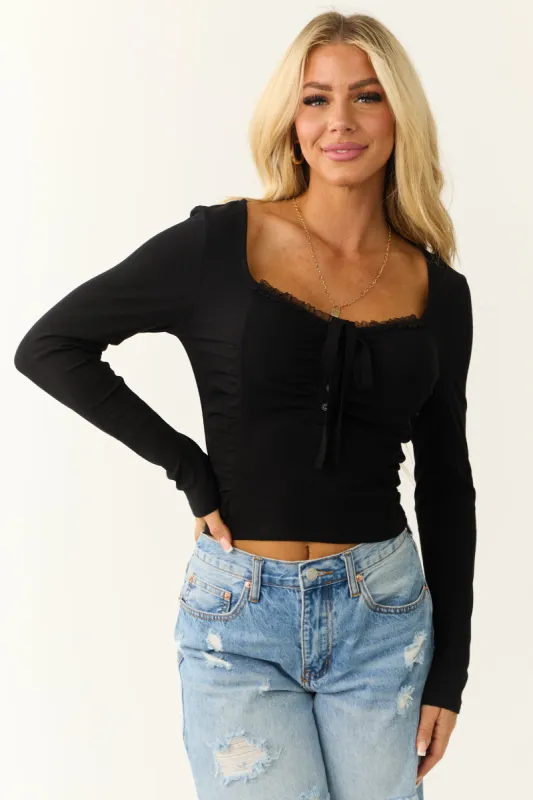 Black Front Tie Detail Ruched Long Sleeve Top sold by Lime Lush