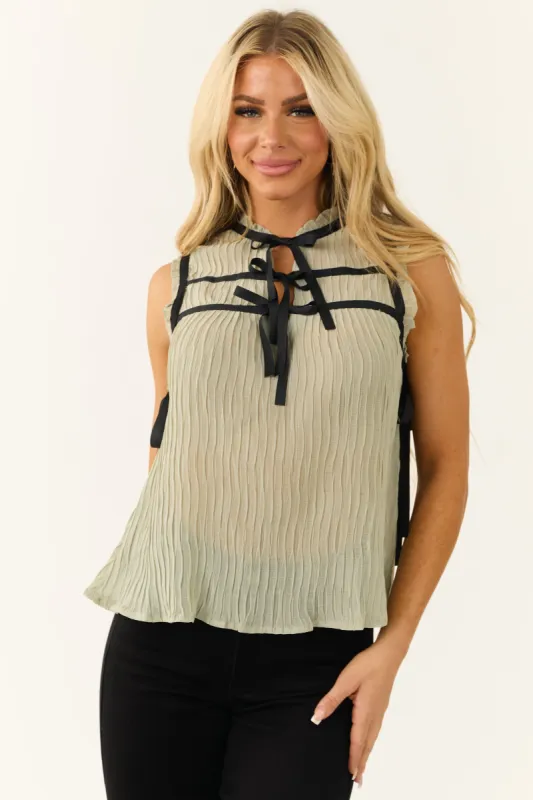 Sage Contrast Bows Plisse Sleeveless Top sold by Lime Lush