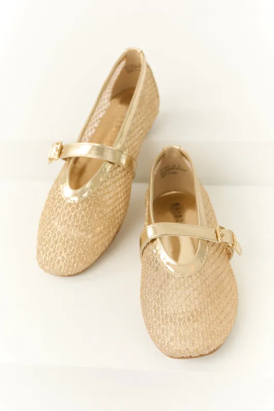 Gold Glitter Geometric Mesh Rounded Toe Flats sold by Lime Lush