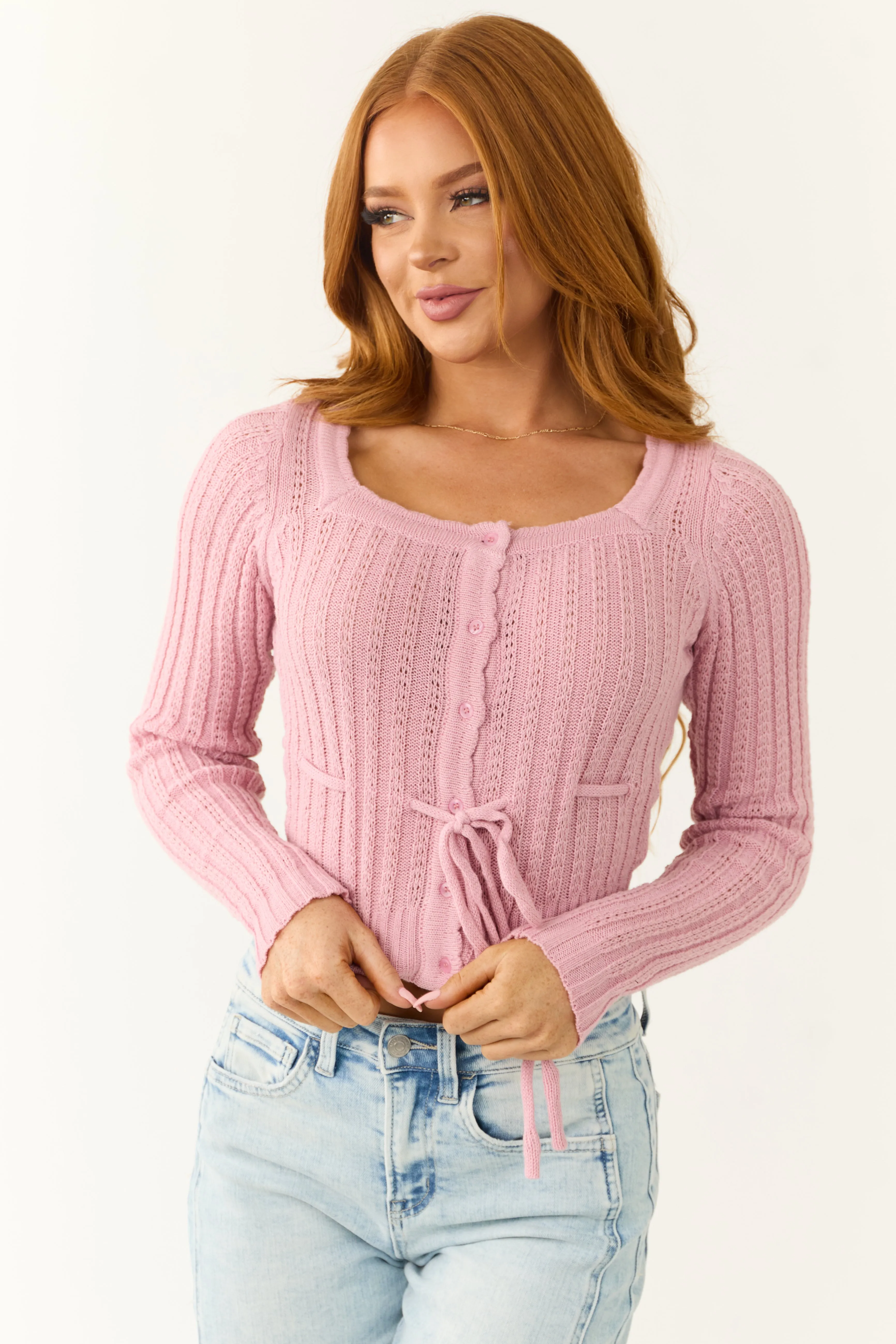 Carnation Button Down Front Tie Square Neck Cardigan sold by Lime Lush