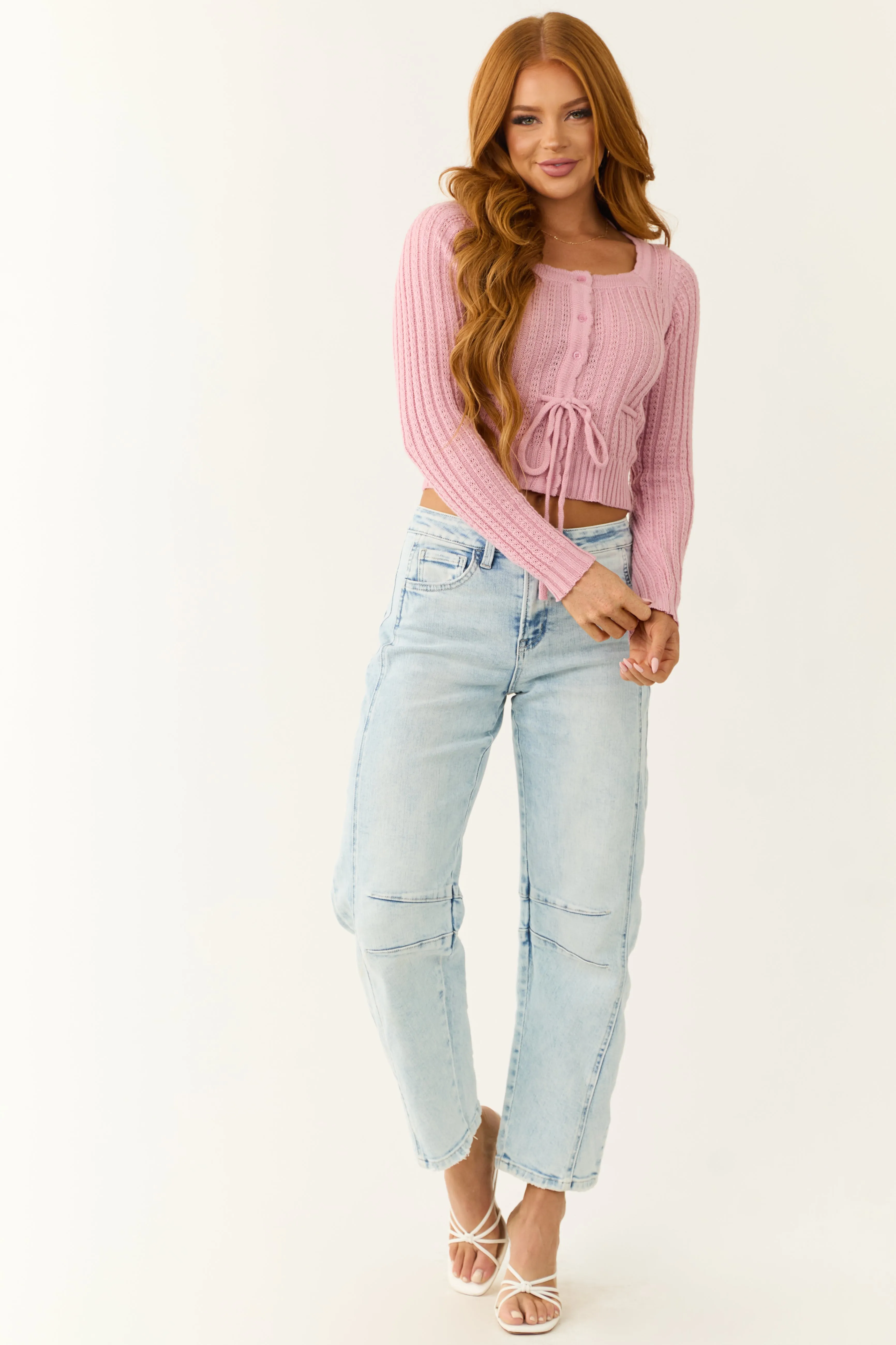 Carnation Button Down Front Tie Square Neck Cardigan sold by Lime Lush product image thumbnail 2