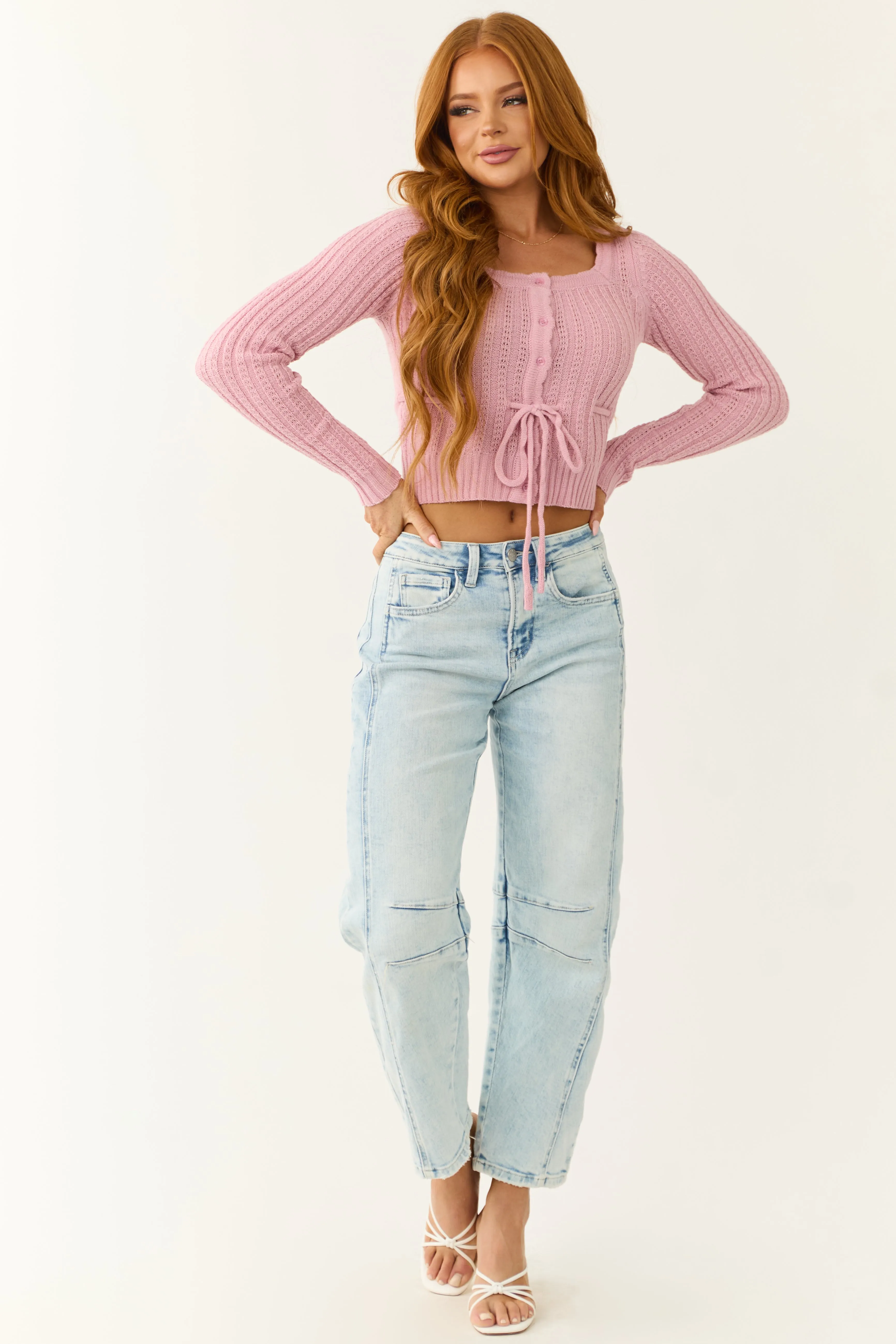 Carnation Button Down Front Tie Square Neck Cardigan sold by Lime Lush product image thumbnail 4