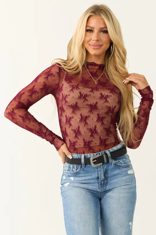 Wine Floral Sheer Mesh Long Sleeve High Neck Top sold by Lime Lush