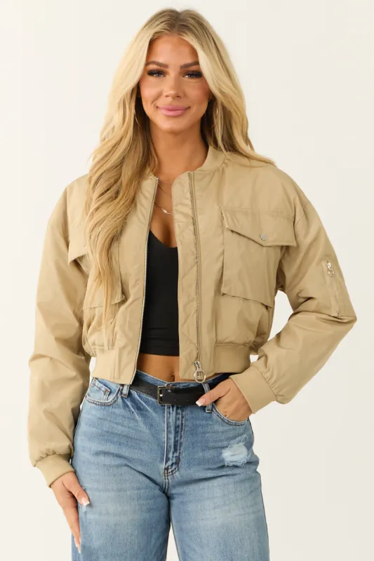 Light Taupe Zip Up Cropped Bomber Jacket sold by Lime Lush
