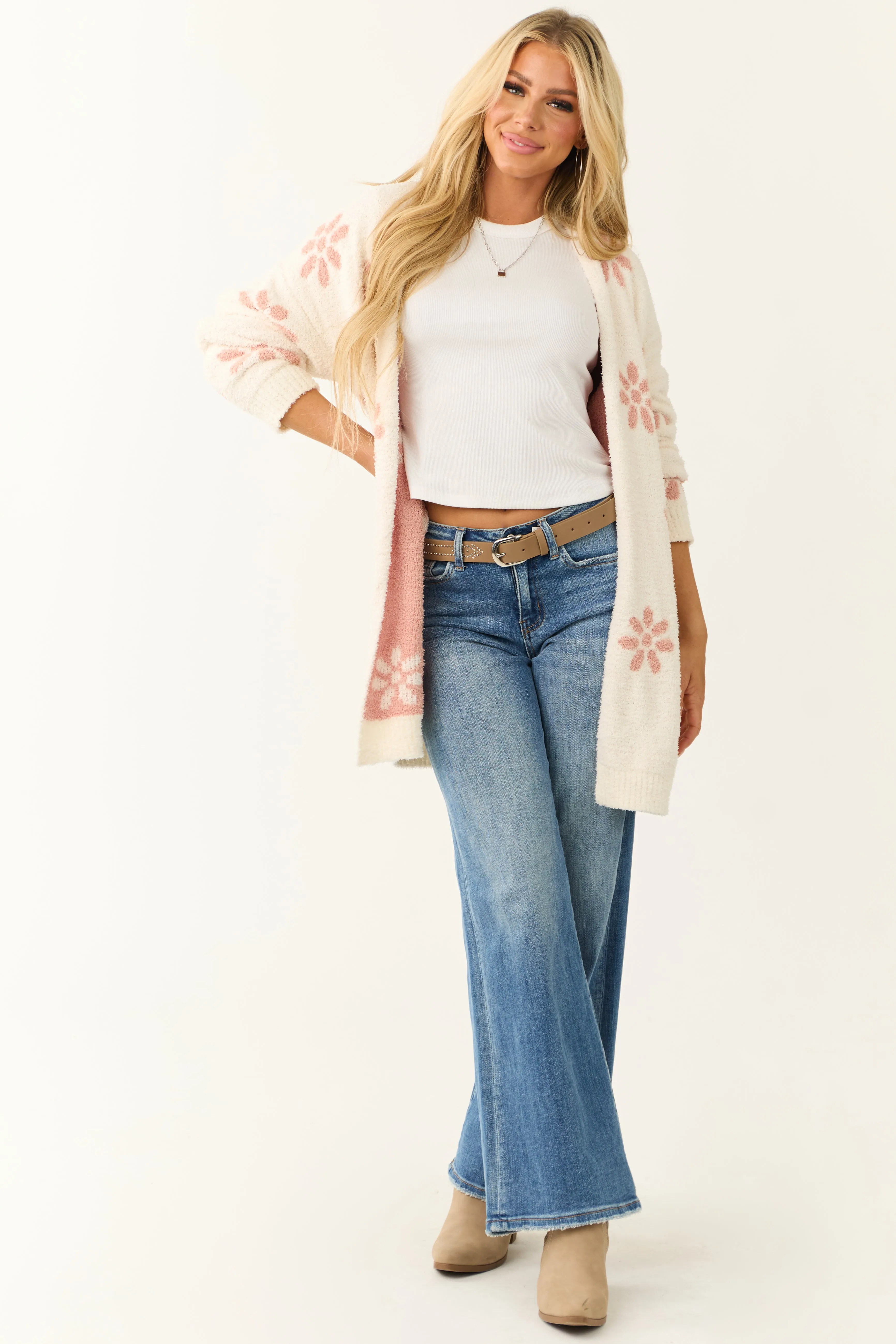 Ivory and Coral Floral Pattern Oversized Cardigan sold by Lime Lush product image thumbnail 4