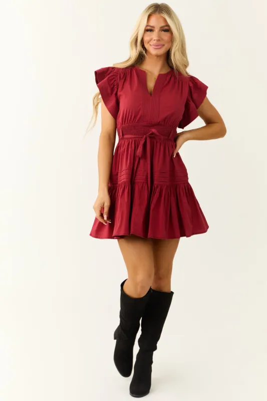 Maroon Ruffle Short Sleeve V Neck Mini Dress sold by Lime Lush
