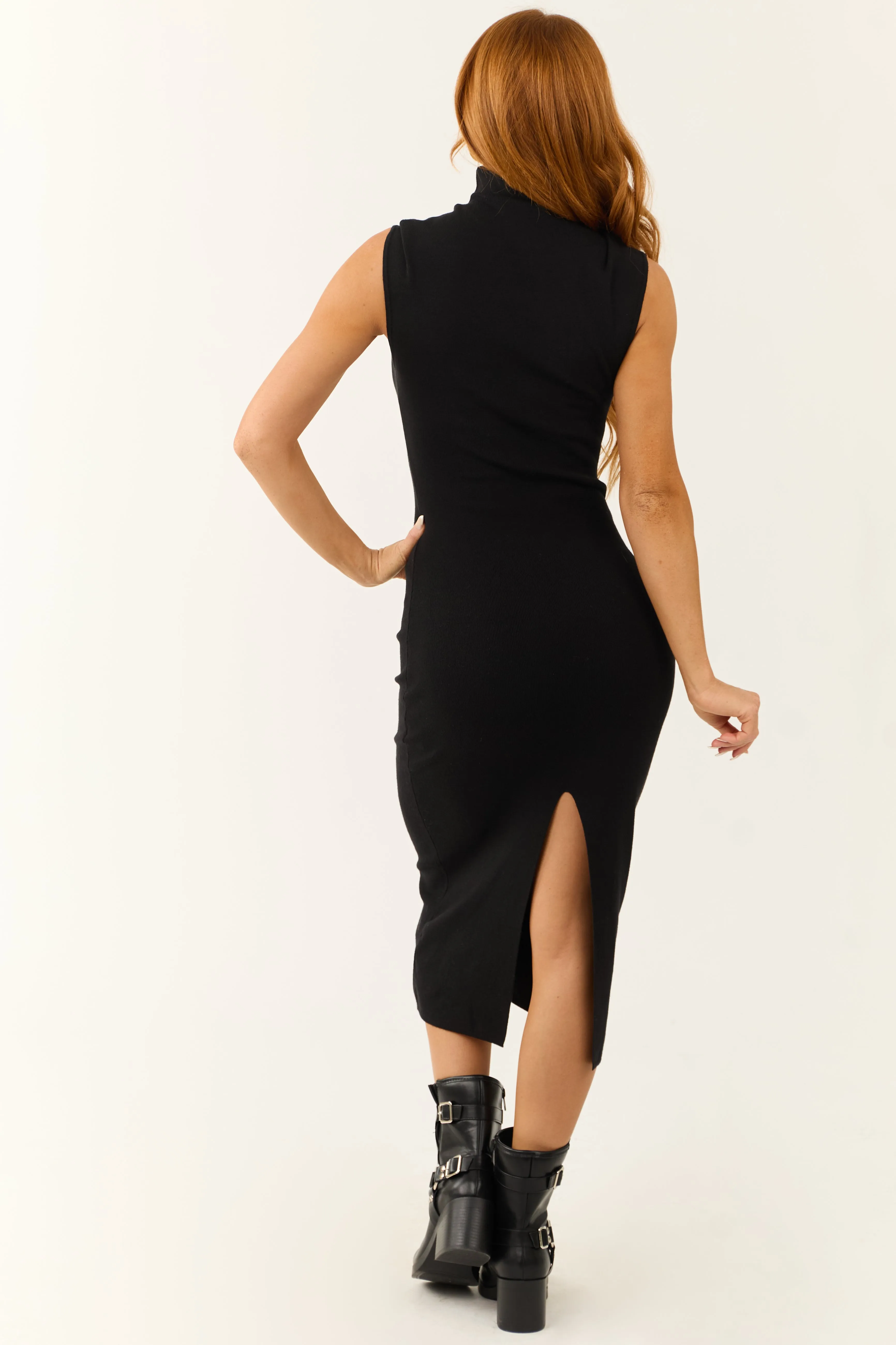 Black Ribbed Knit High Neck Midi Sweater Dress sold by Lime Lush product image thumbnail 5