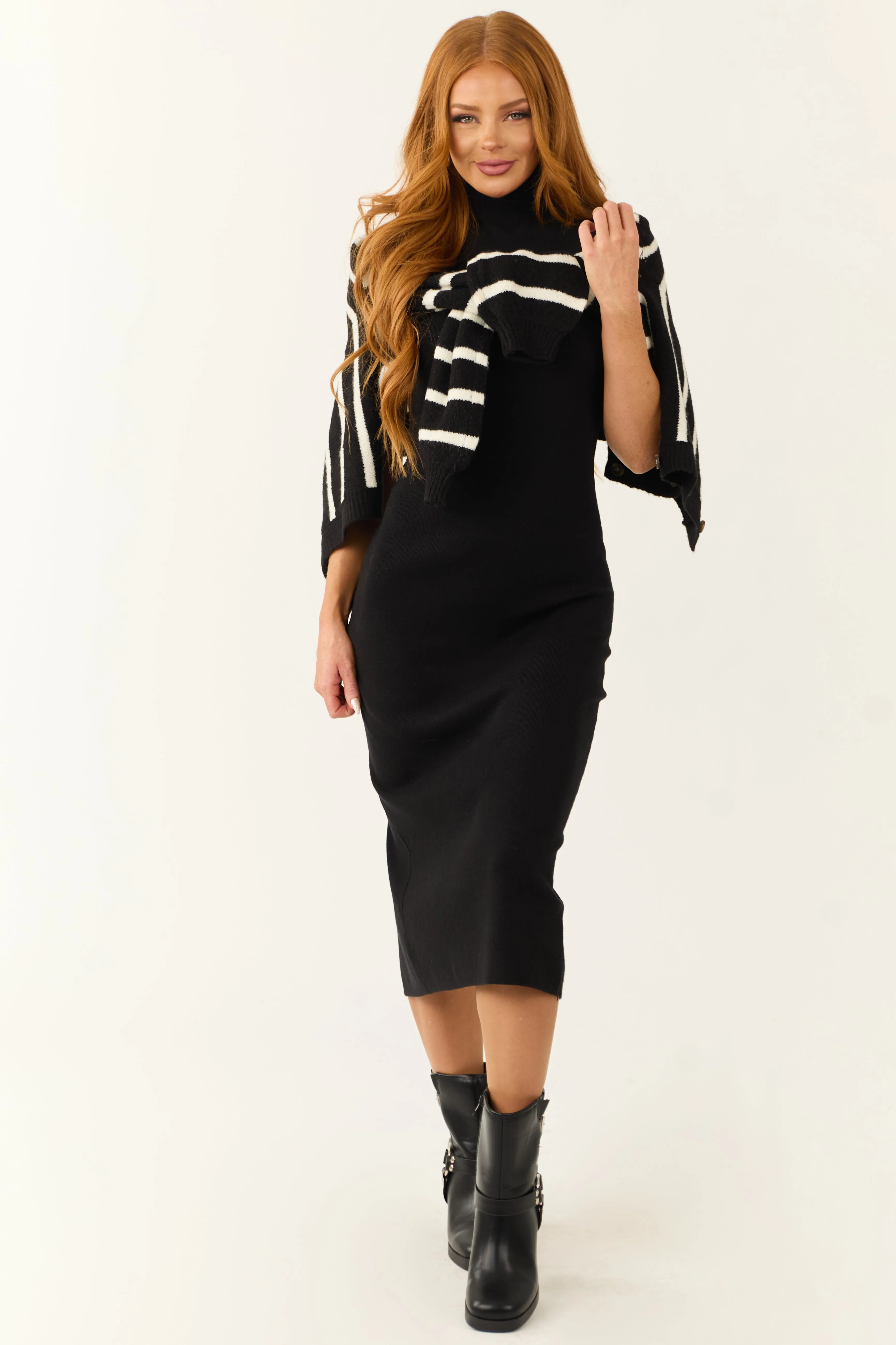 Black Ribbed Knit High Neck Midi Sweater Dress sold by Lime Lush product image thumbnail 4