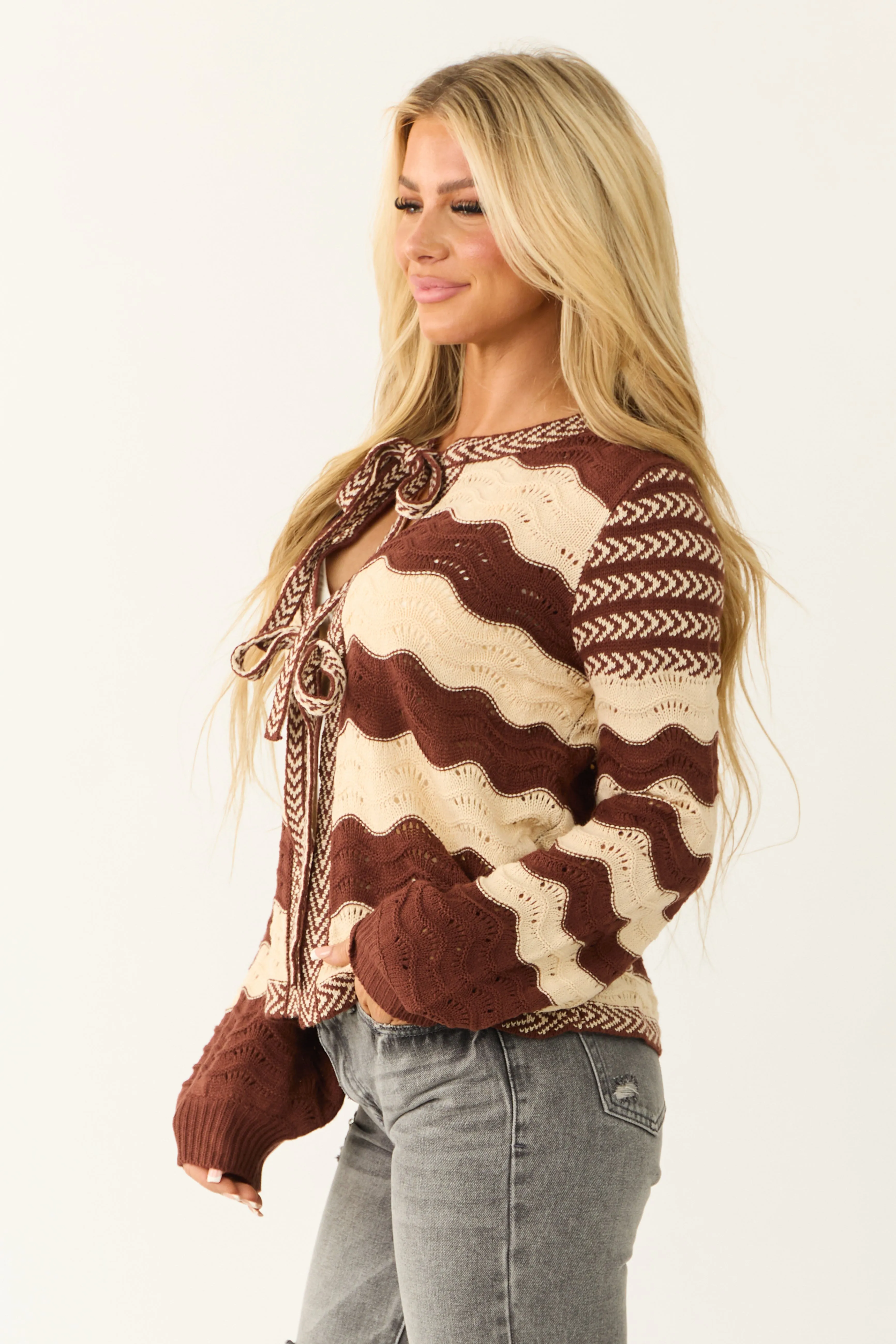 Spice and Cream Wavy Striped Front Tie Cardigan sold by Lime Lush product image thumbnail 5