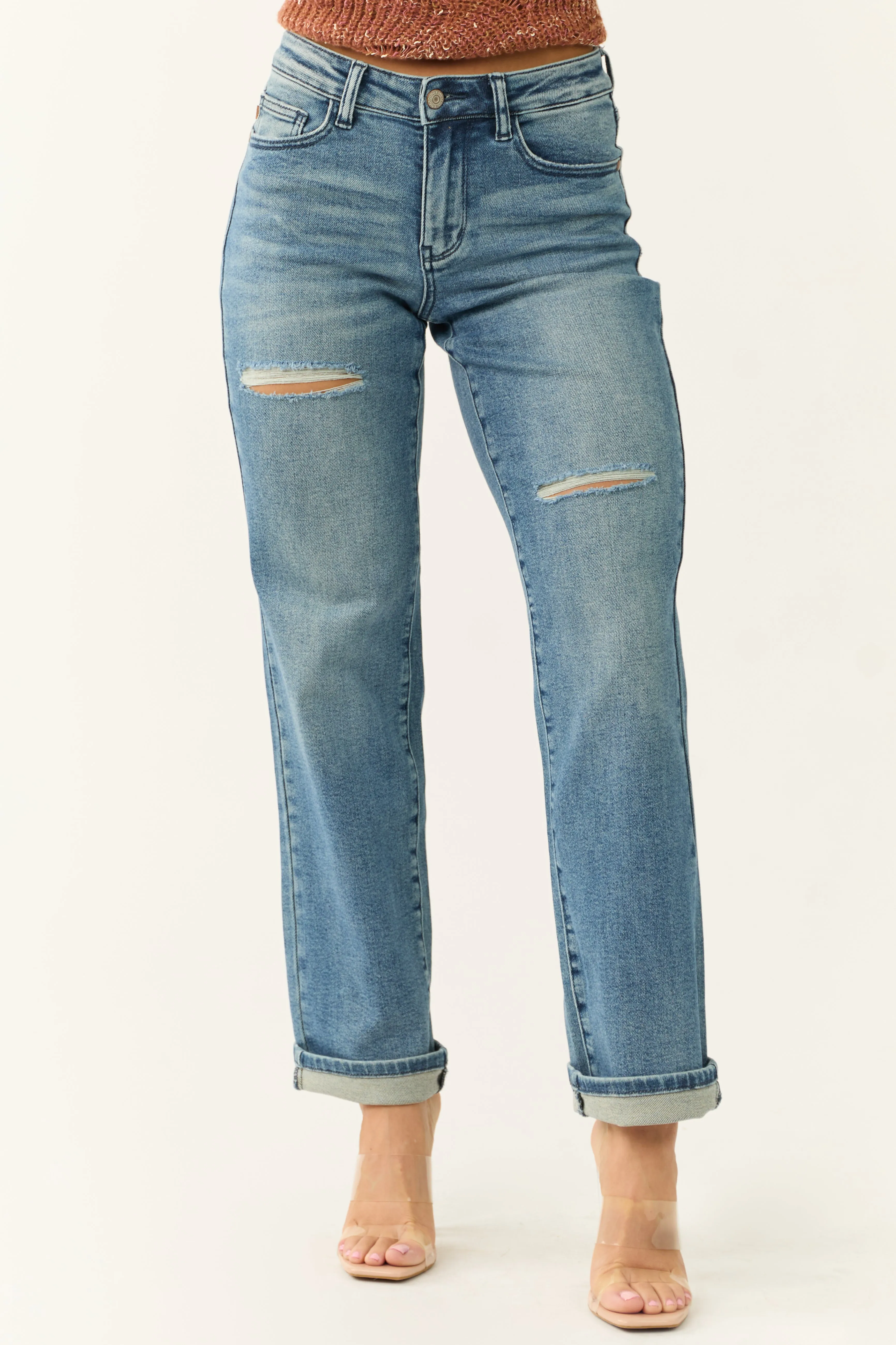 Judy Blue Medium Wash Distressed Detail Dad Jeans sold by Lime Lush product image thumbnail 3