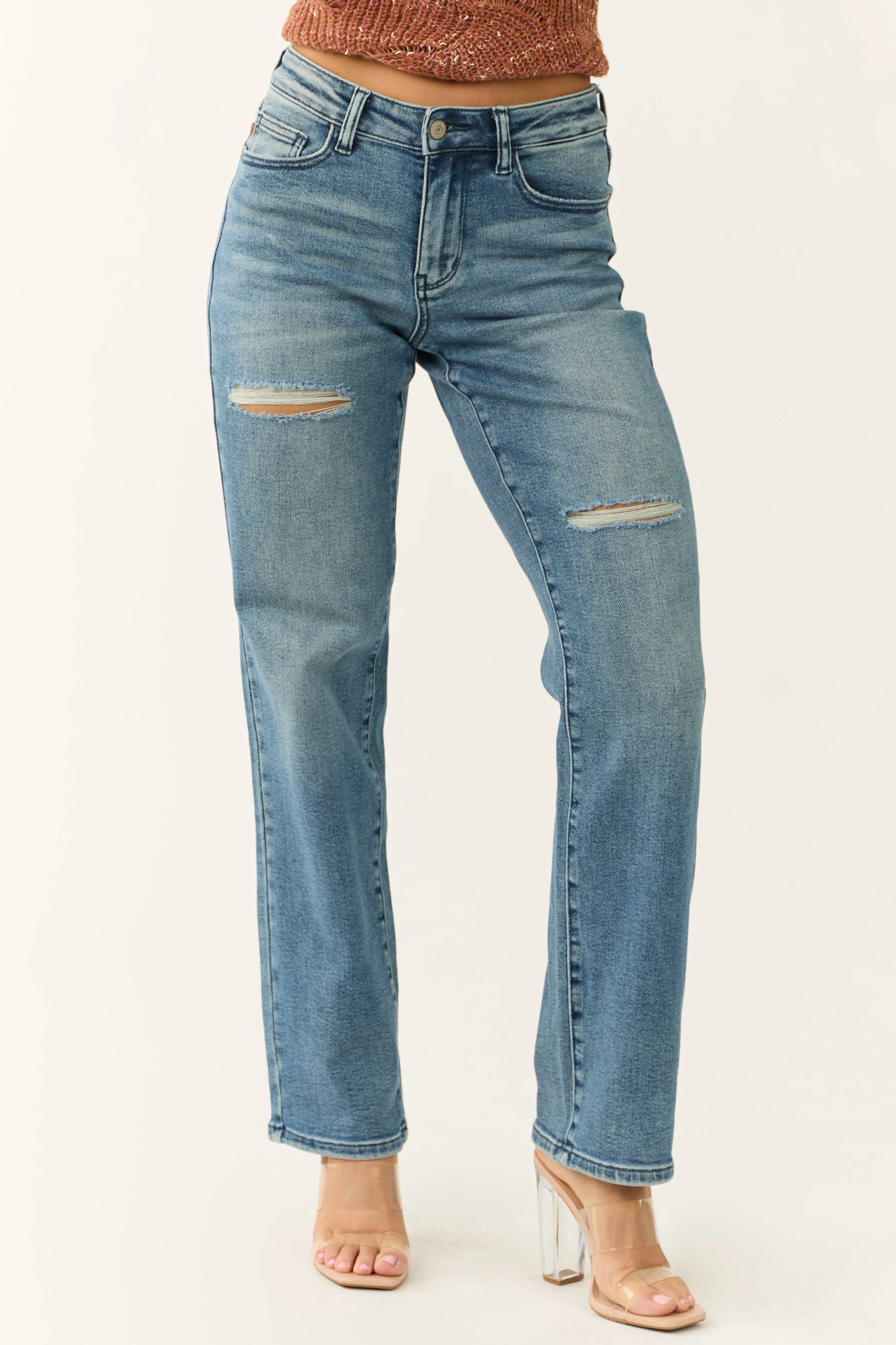 Judy Blue Medium Wash Distressed Detail Dad Jeans sold by Lime Lush