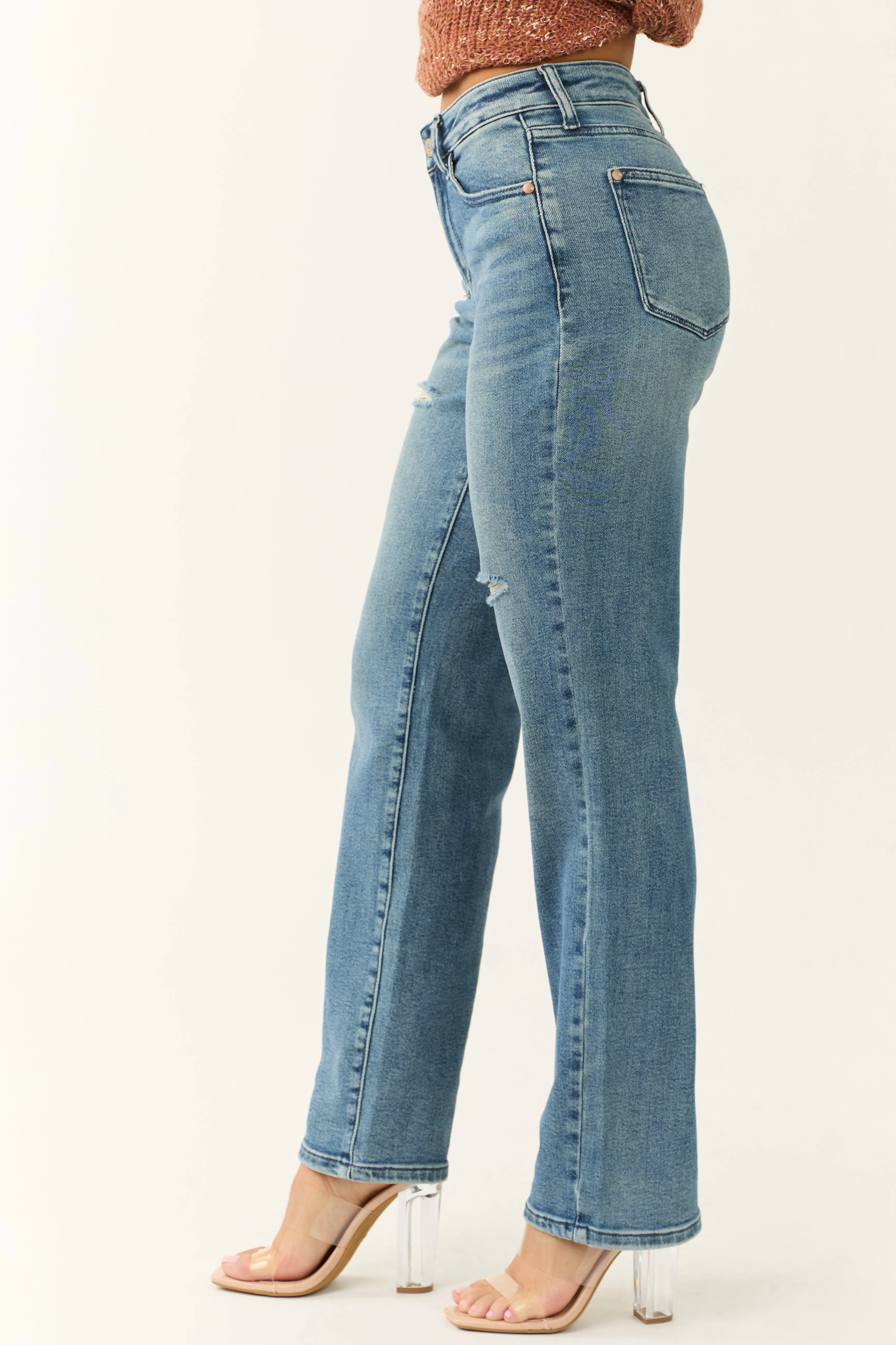 Judy Blue Medium Wash Distressed Detail Dad Jeans sold by Lime Lush product image thumbnail 4