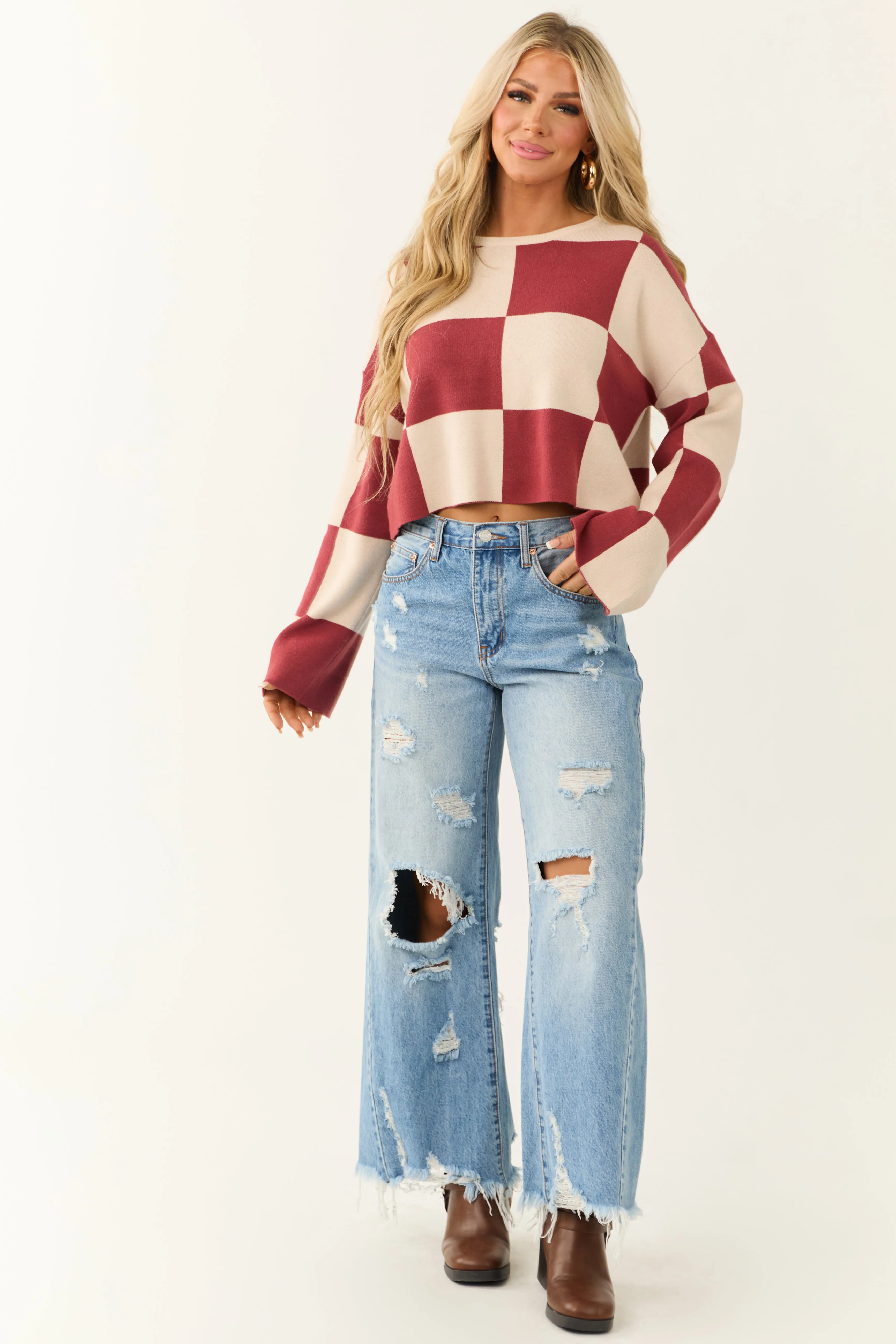 Sangria and Champagne Checkered Print Sweater sold by Lime Lush product image thumbnail 3