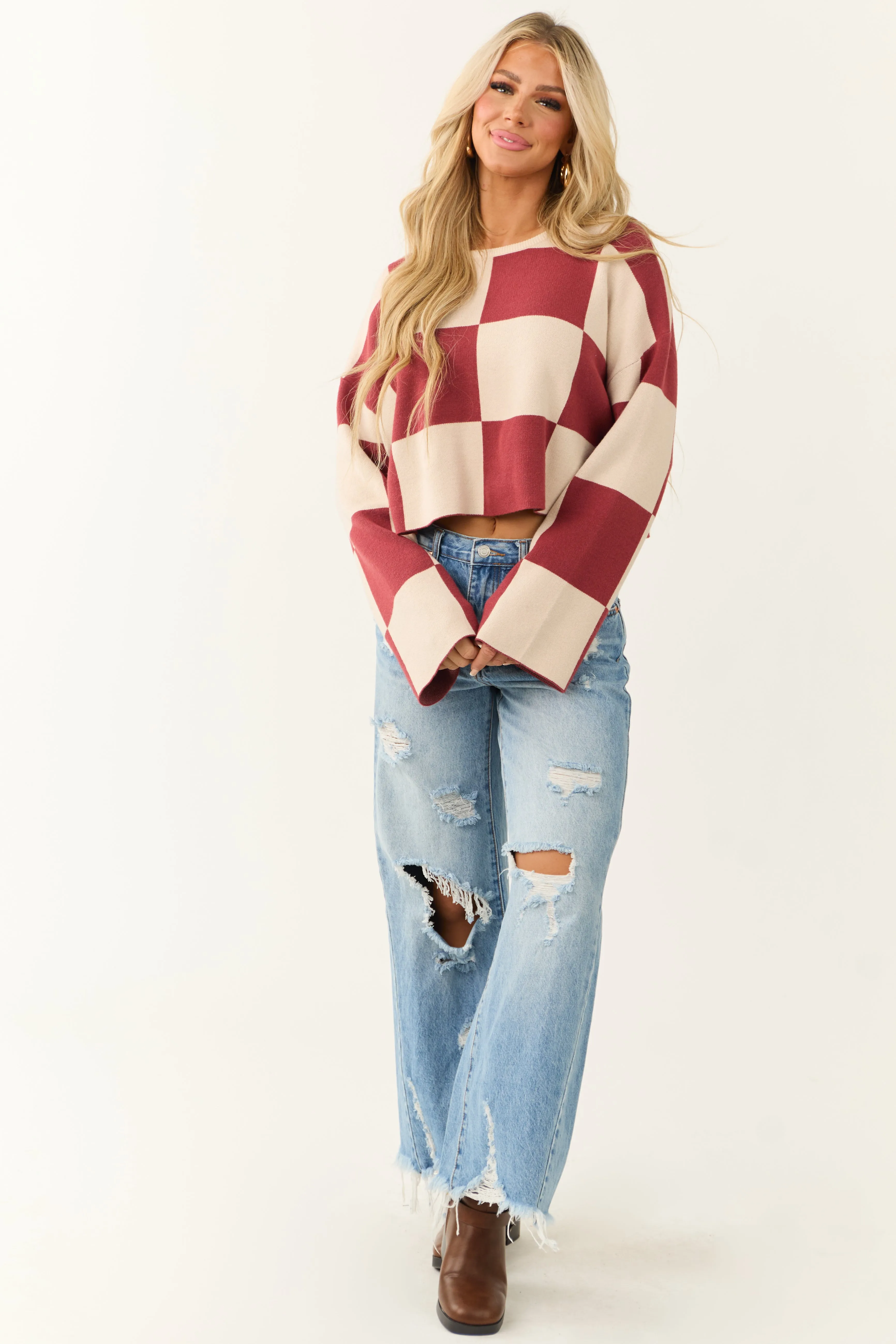 Sangria and Champagne Checkered Print Sweater sold by Lime Lush product image thumbnail 2