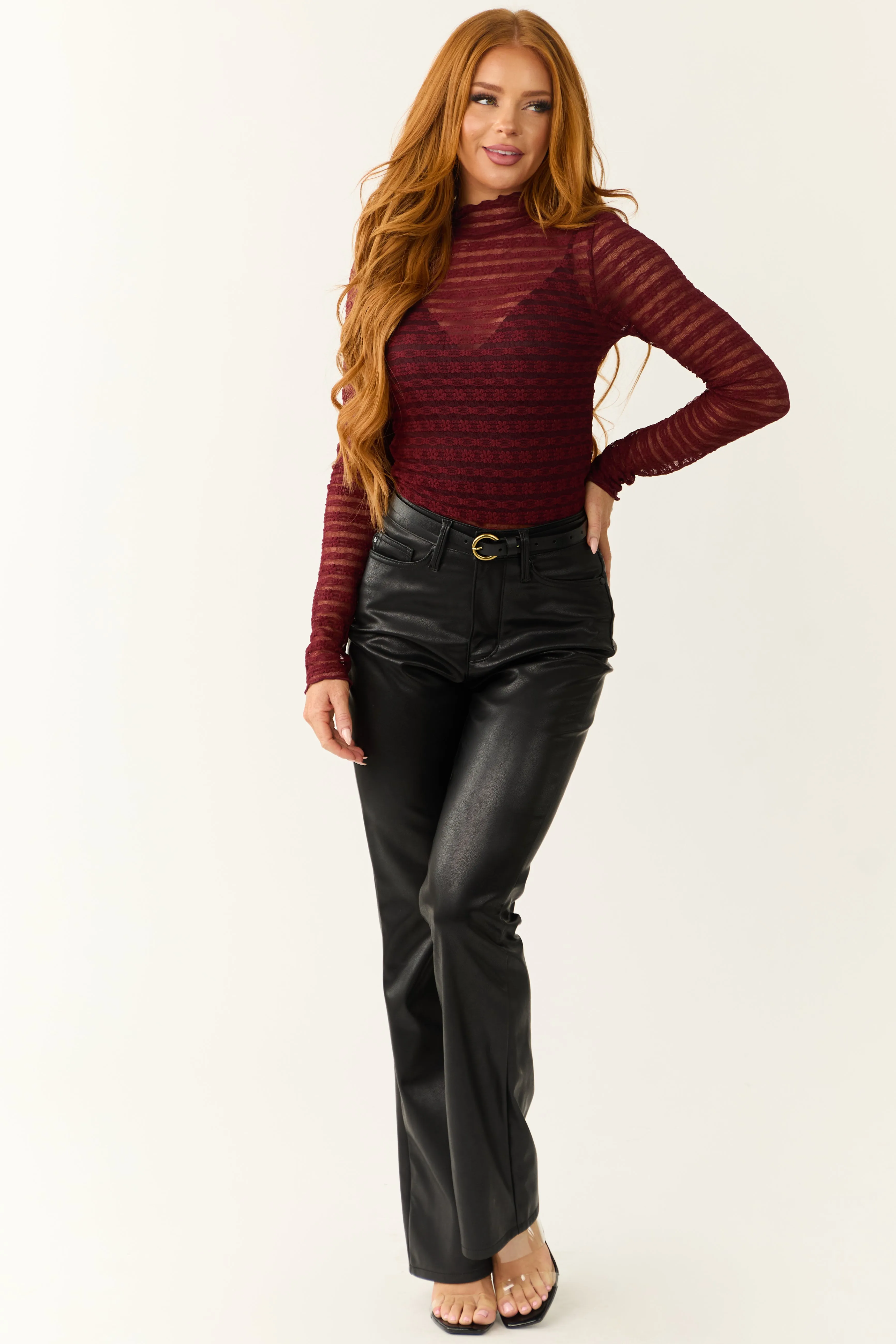 Sangria Sheer Lace Mock Neck Long Sleeve Top sold by Lime Lush product image thumbnail 3