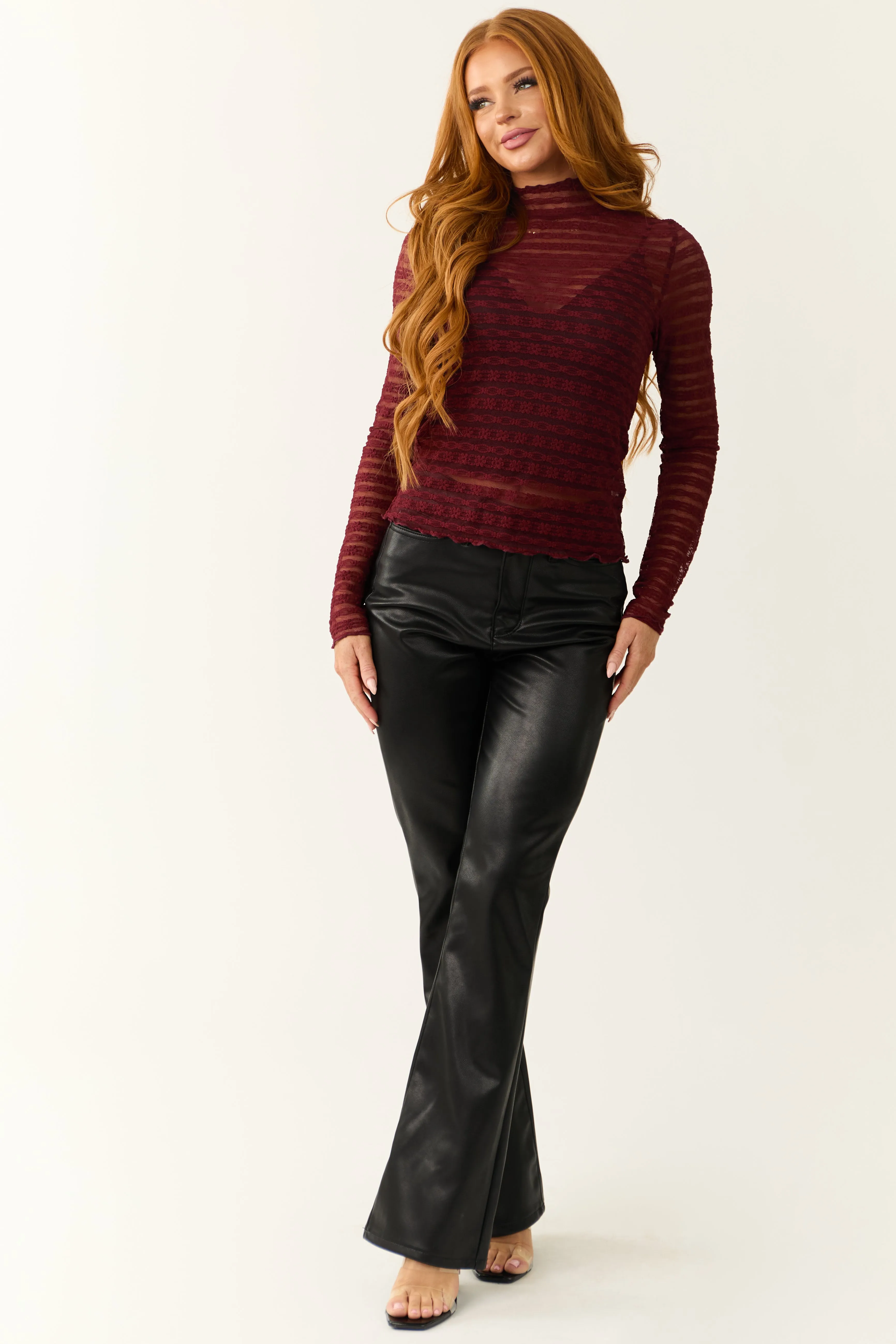 Sangria Sheer Lace Mock Neck Long Sleeve Top sold by Lime Lush product image thumbnail 4