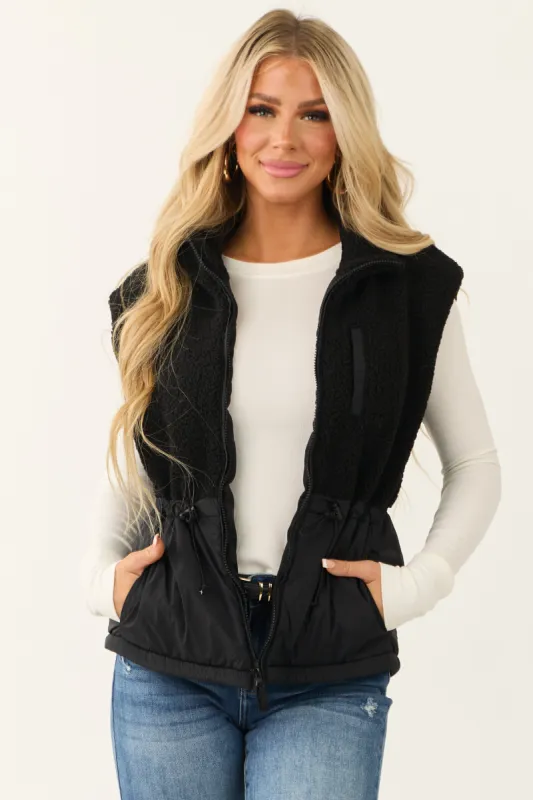 Black Zip Up Sherpa Vest with Drawstring Waist sold by Lime Lush