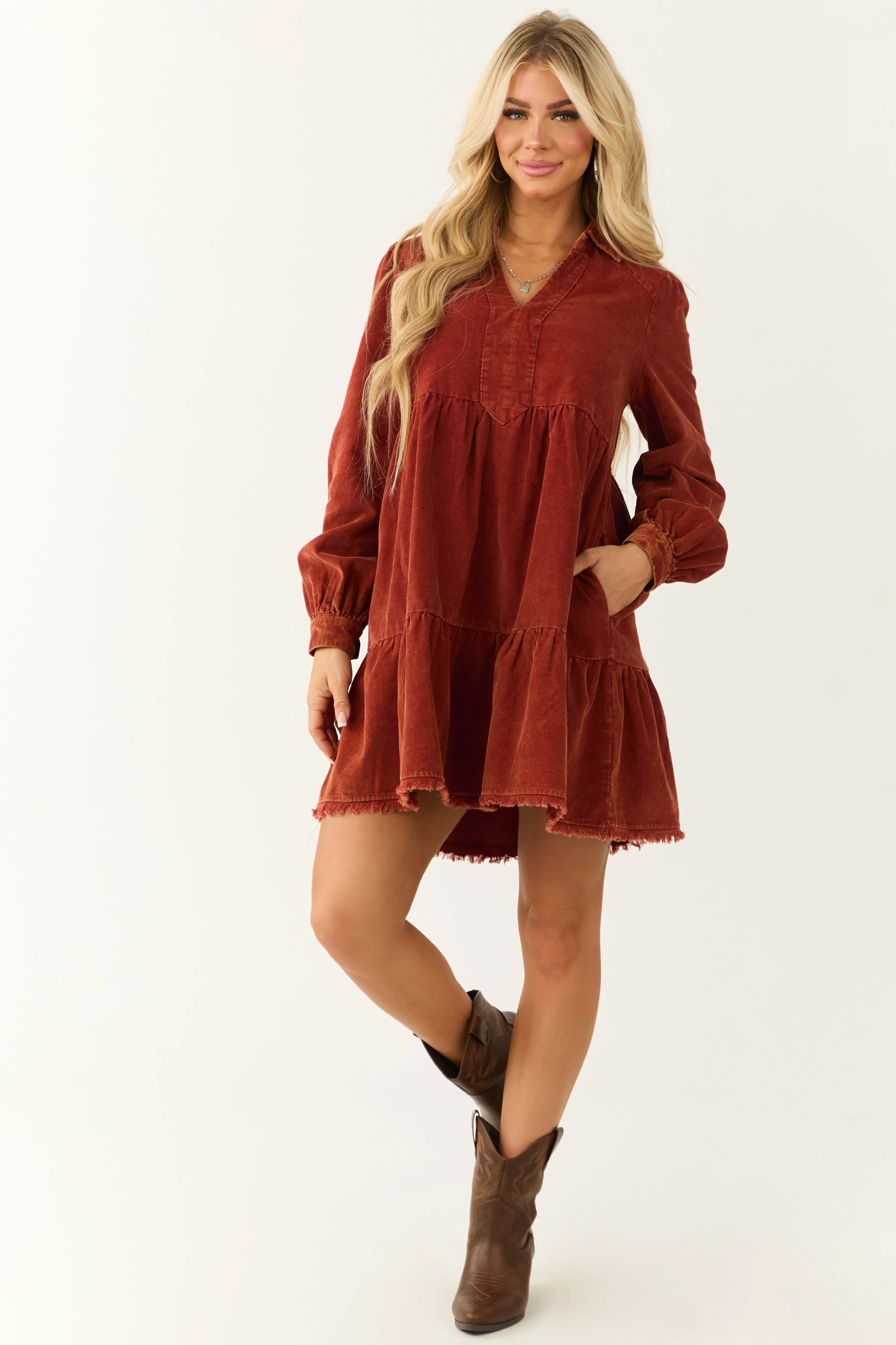 Dusty Rust Washed Corduroy Tiered Short Dress sold by Lime Lush product image thumbnail 2
