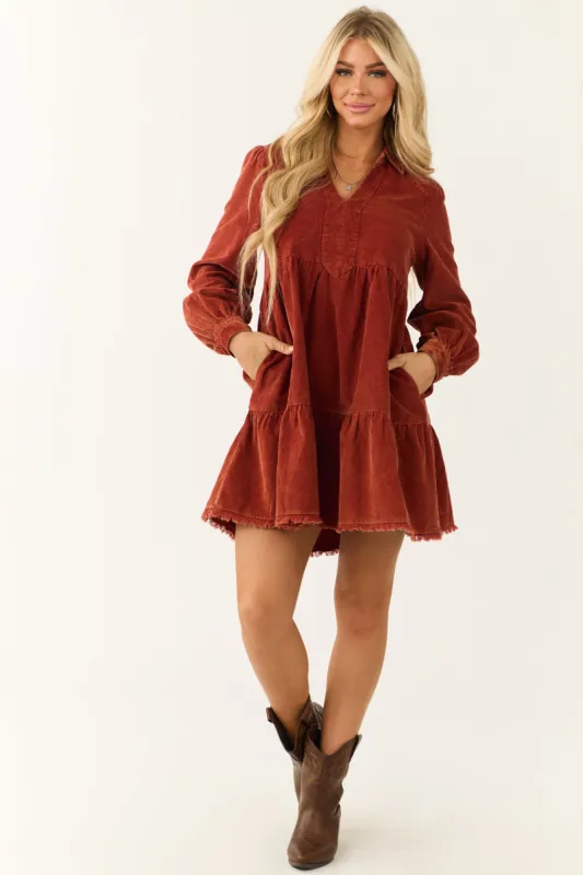 Dusty Rust Washed Corduroy Tiered Short Dress sold by Lime Lush