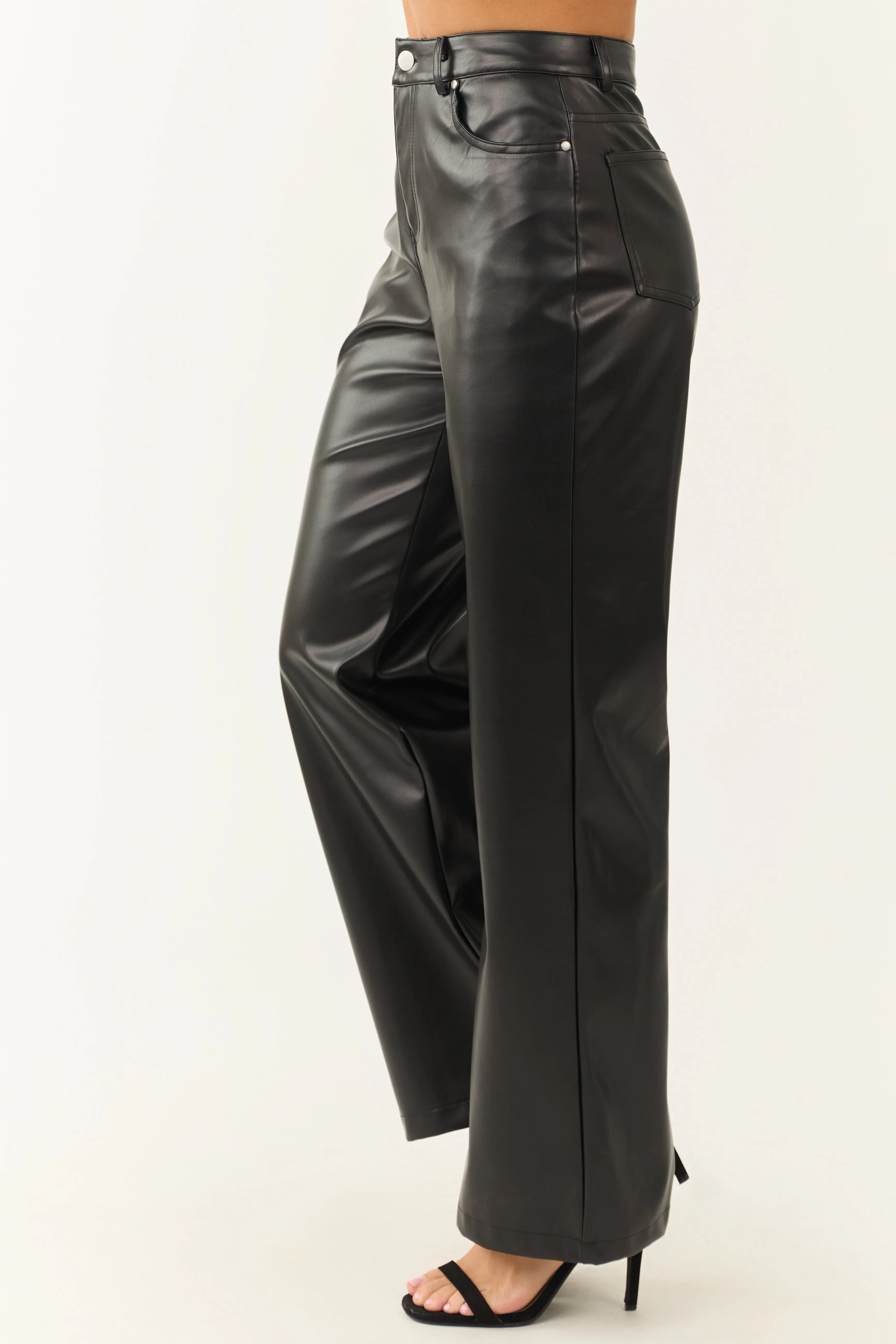 Black Faux Leather Wide Leg High Waisted Pants sold by Lime Lush product image thumbnail 3