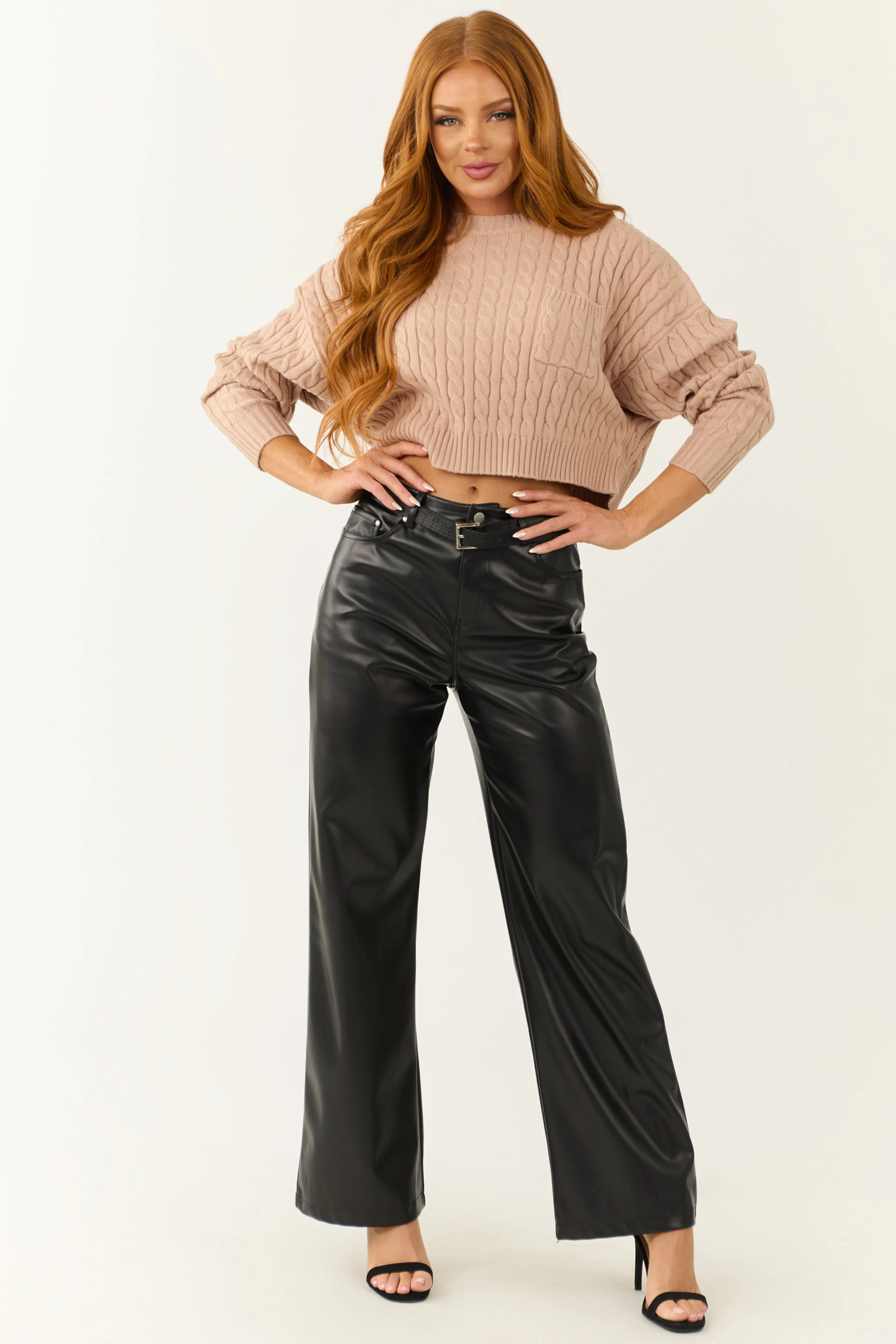 Black Faux Leather Wide Leg High Waisted Pants sold by Lime Lush product image thumbnail 5
