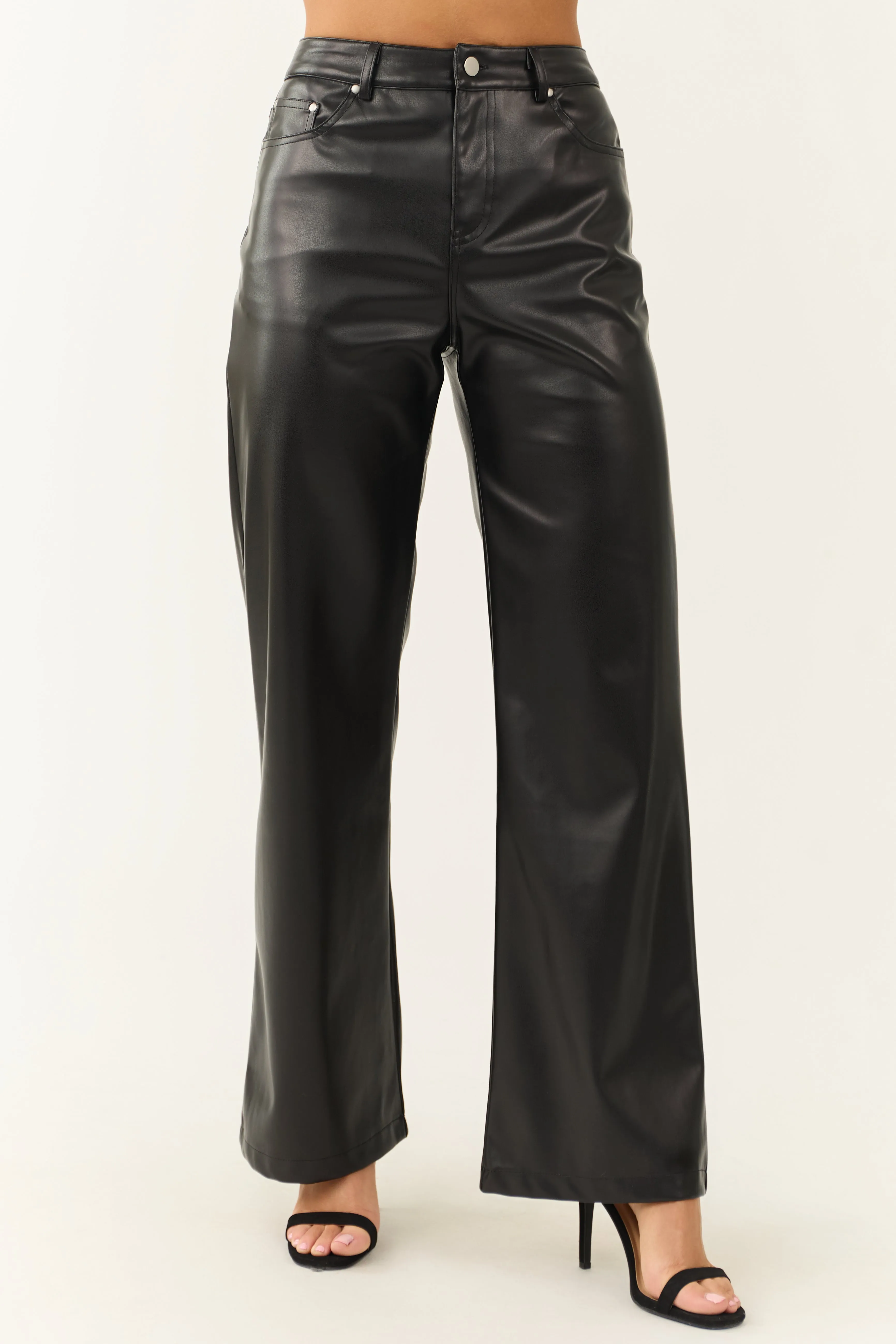 Black Faux Leather Wide Leg High Waisted Pants sold by Lime Lush product image thumbnail 2