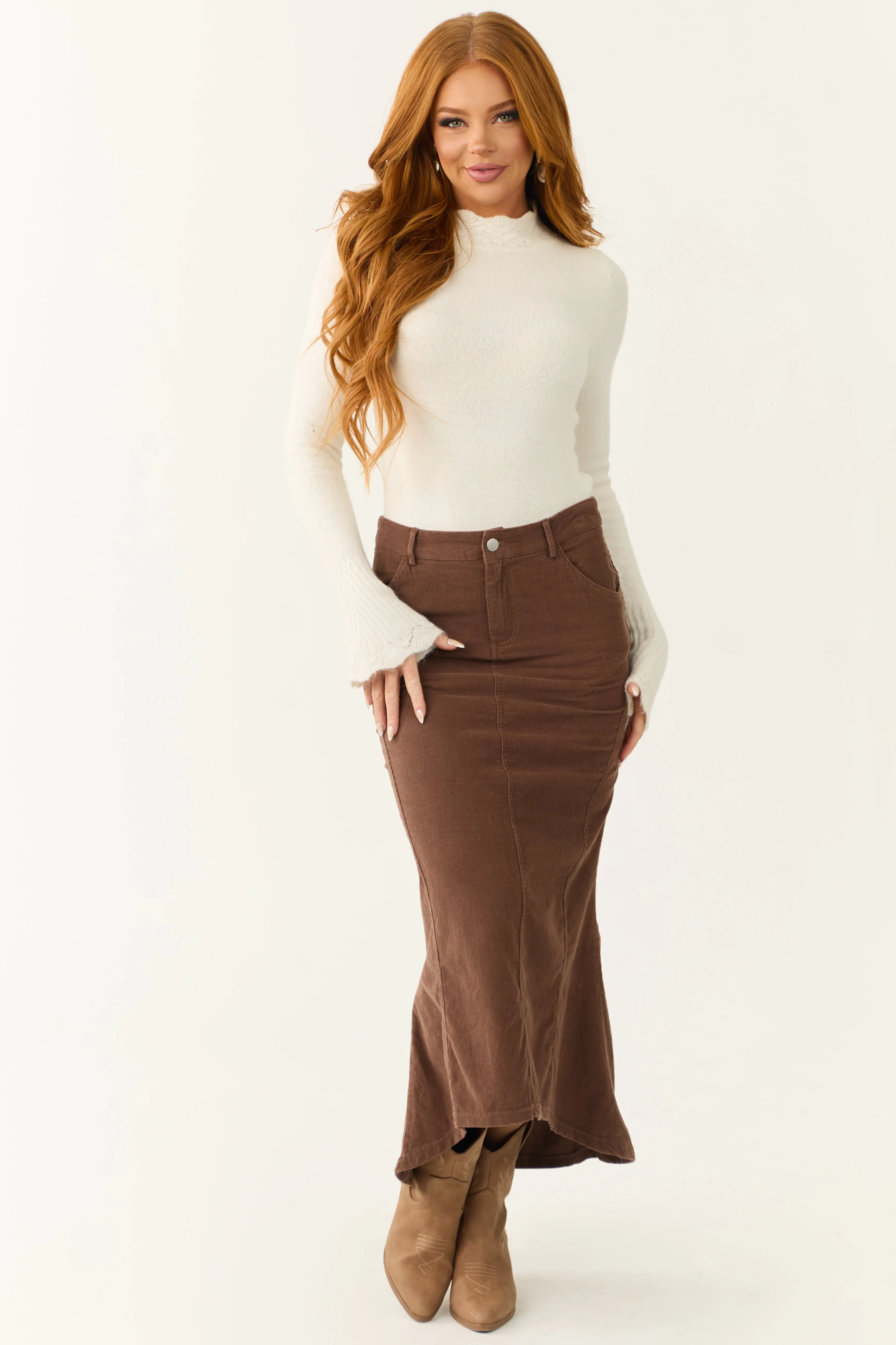 Walnut Corduroy Zip Up Flared Midi Skirt sold by Lime Lush