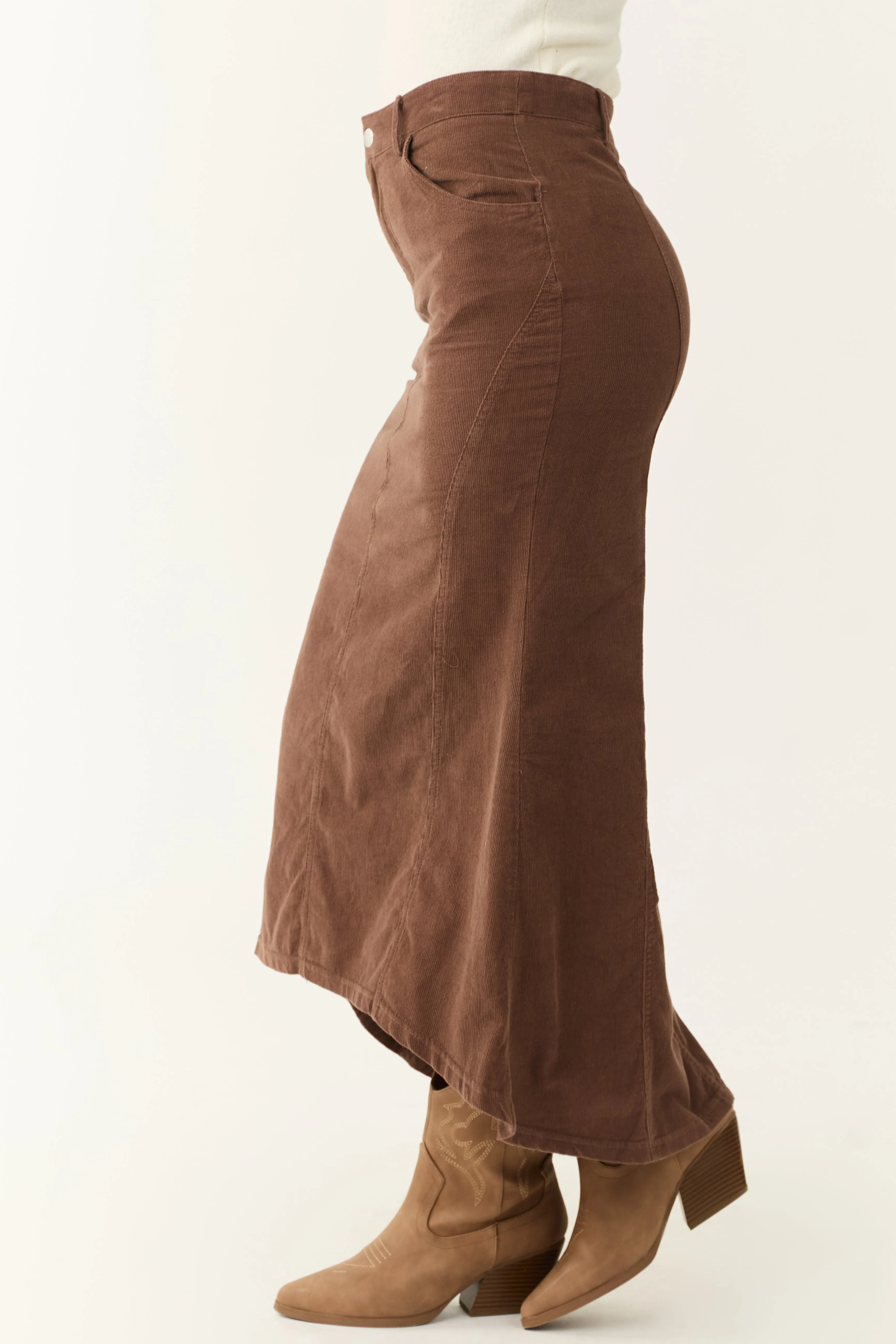 Walnut Corduroy Zip Up Flared Midi Skirt sold by Lime Lush product image thumbnail 3