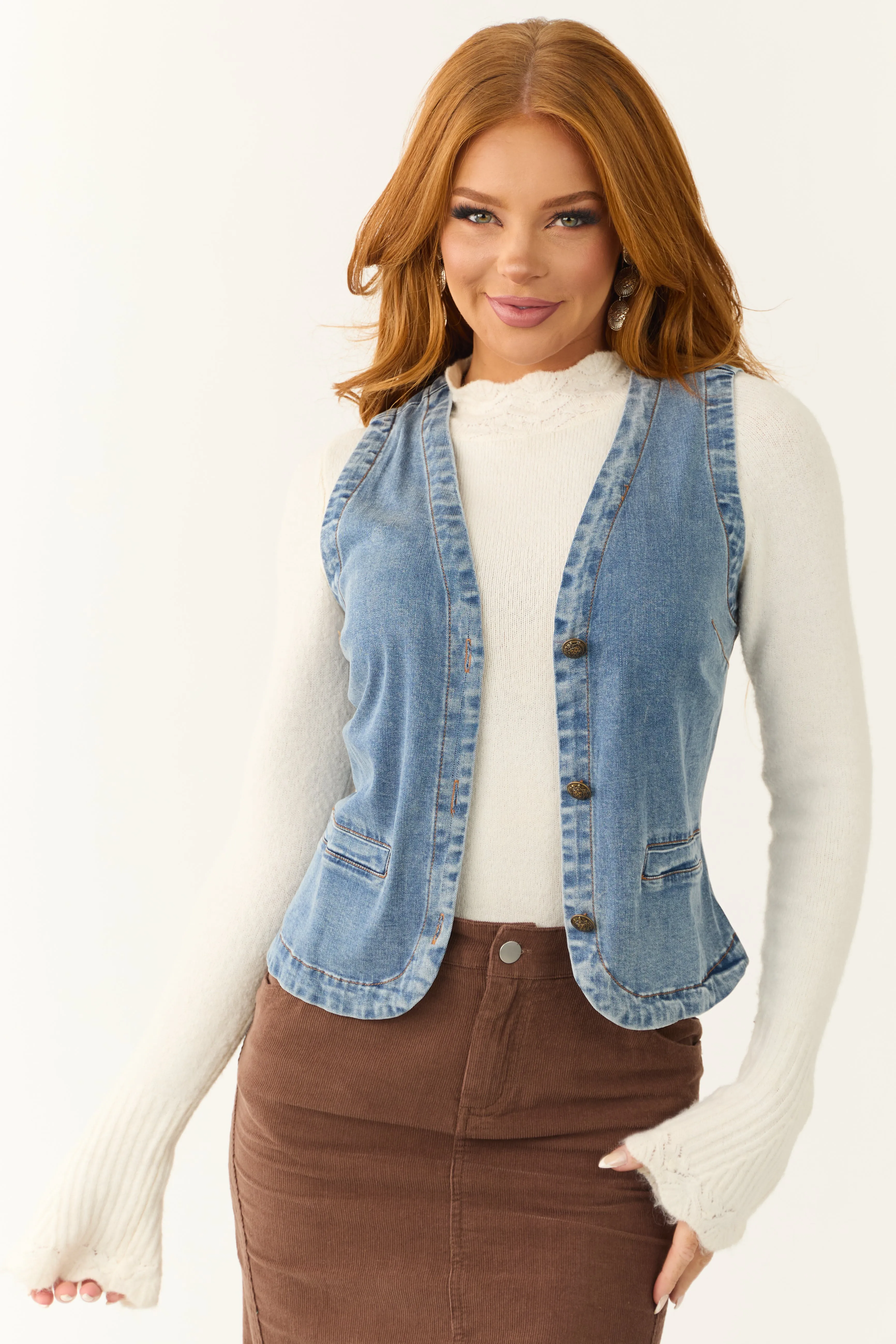 Dark Wash Denim Button Up Vest sold by Lime Lush