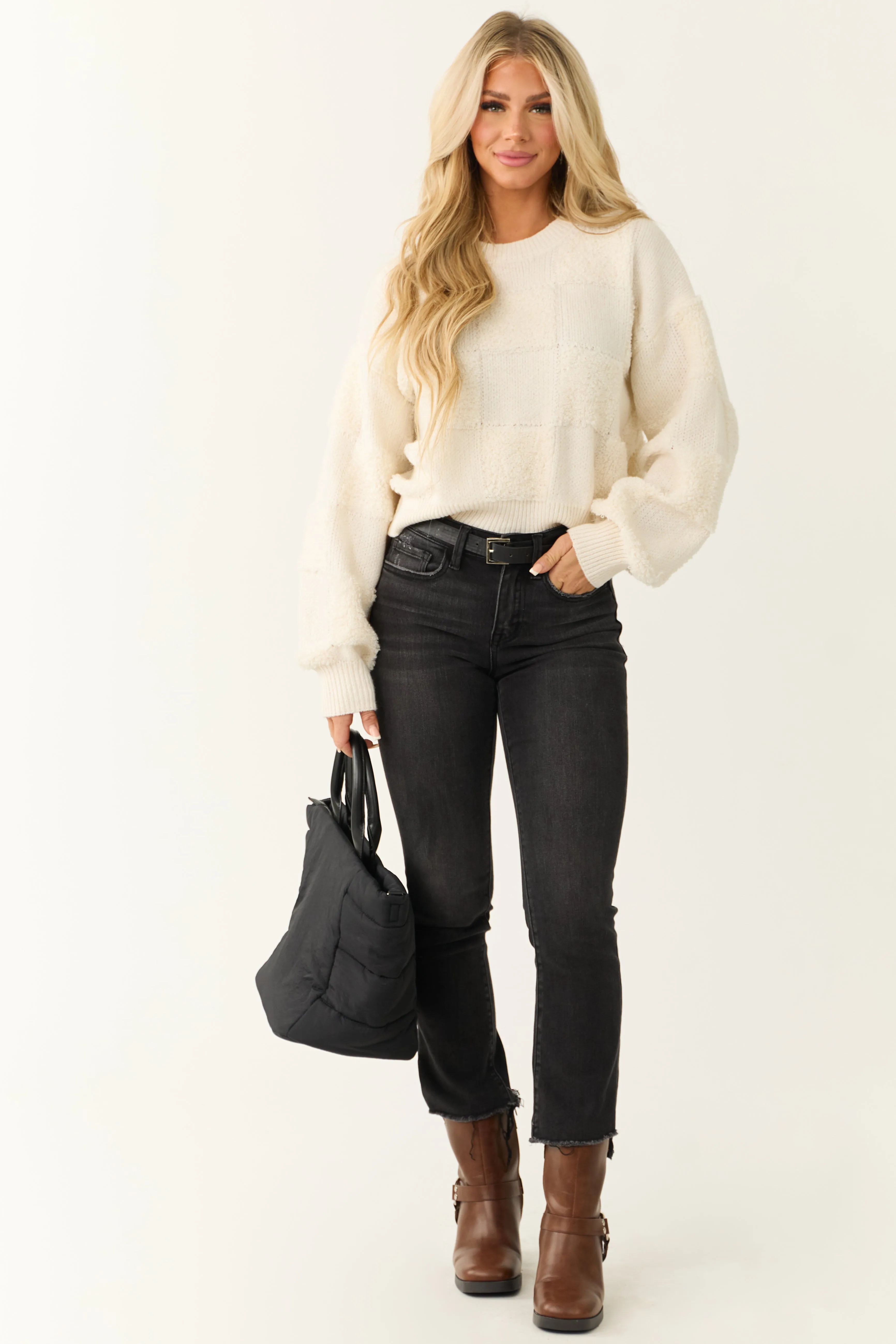 Cream Checkered Textured Knit Sweater sold by Lime Lush product image thumbnail 4