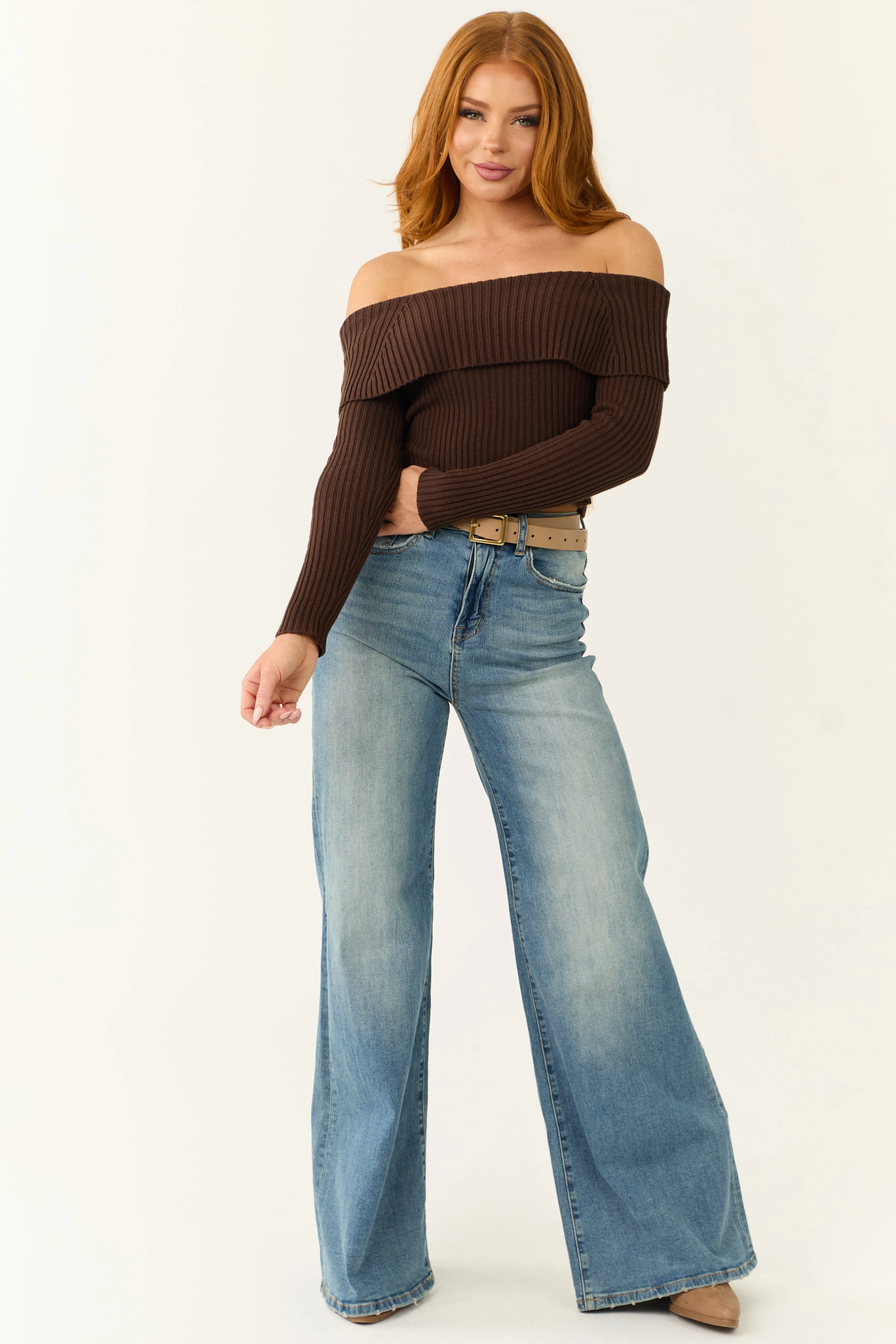 Cocoa Off Shoulder Ribbed Knit Sweater Top sold by Lime Lush product image thumbnail 4