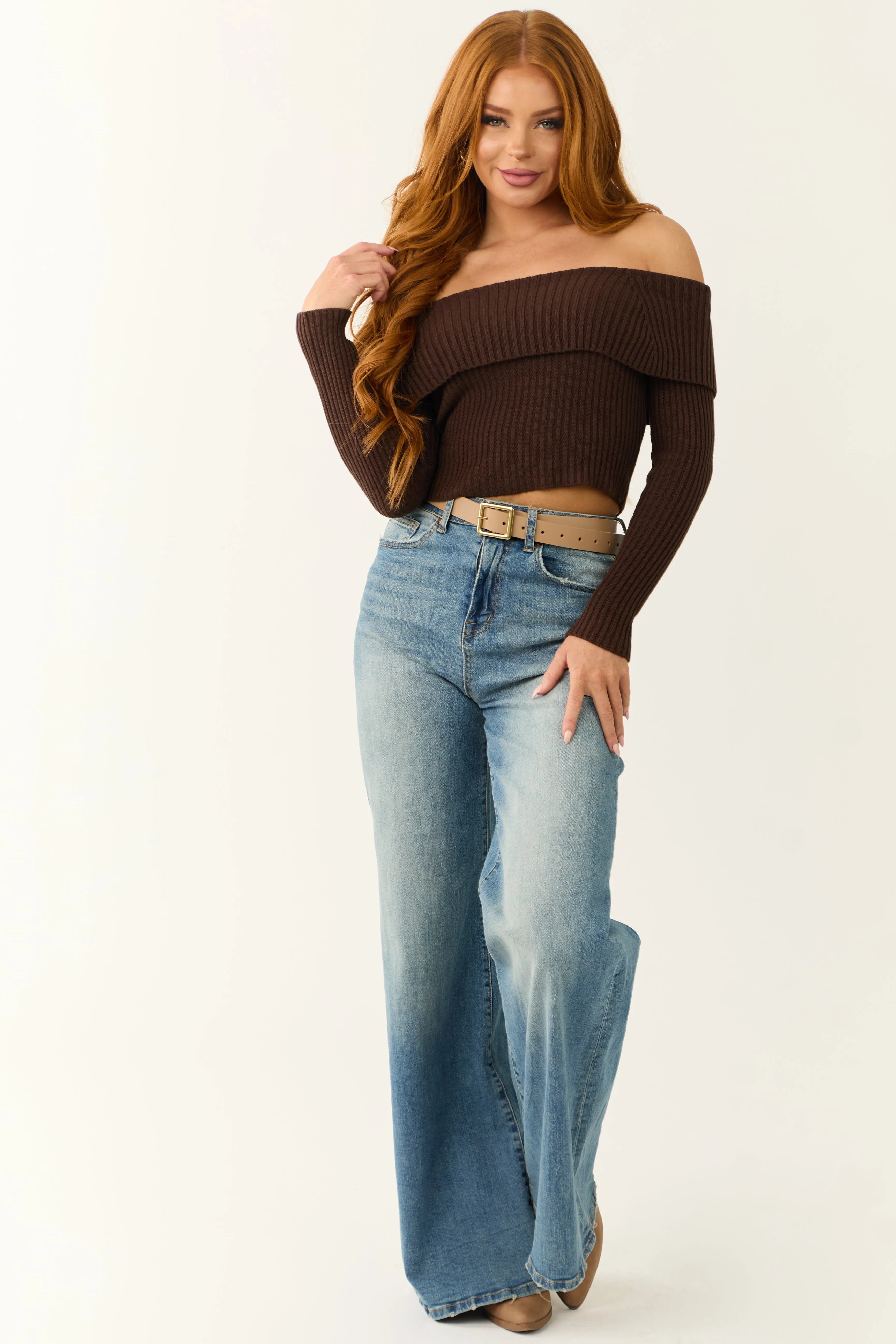 Cocoa Off Shoulder Ribbed Knit Sweater Top sold by Lime Lush product image thumbnail 5