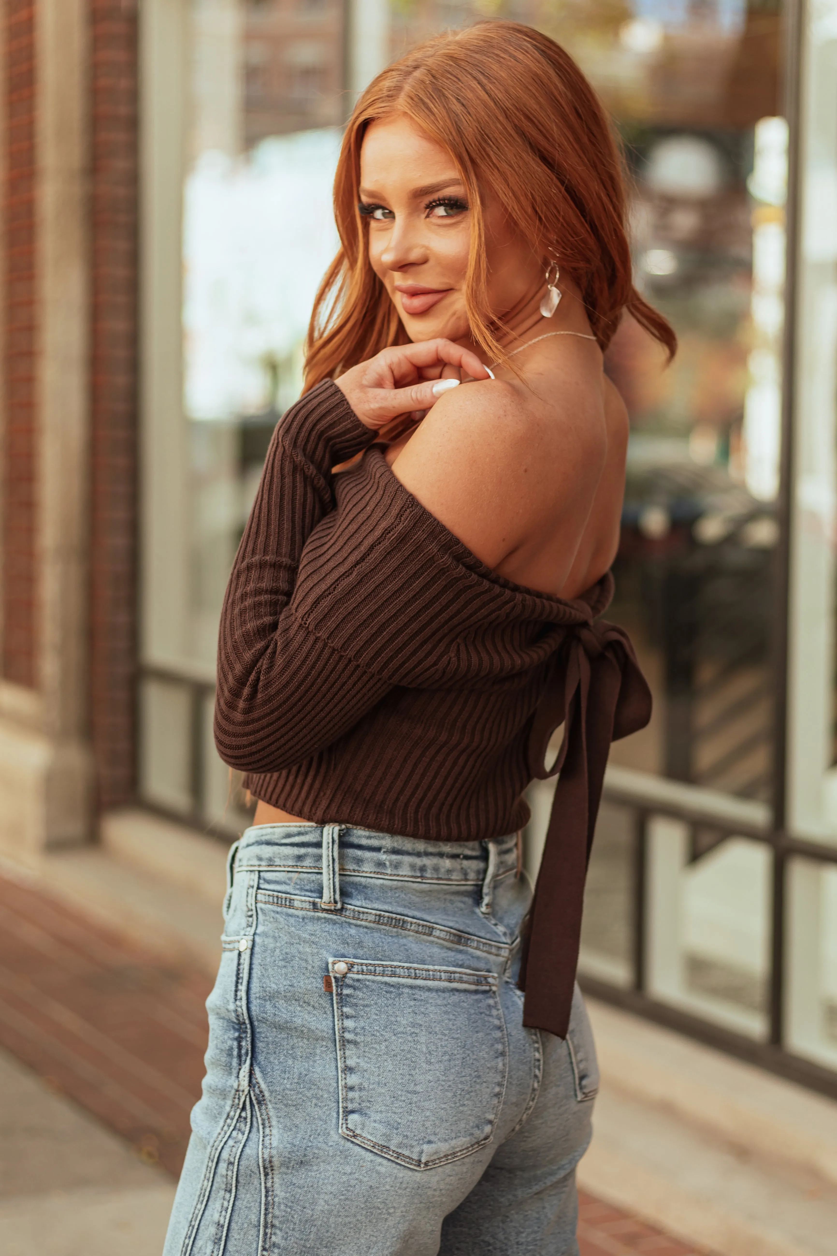 Cocoa Off Shoulder Ribbed Knit Sweater Top sold by Lime Lush