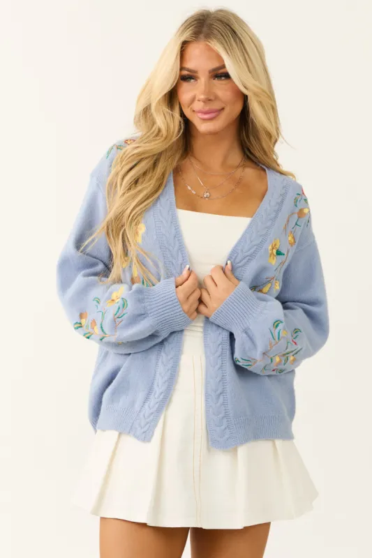 Powder Blue Floral Embroidered Knit Cardigan sold by Lime Lush