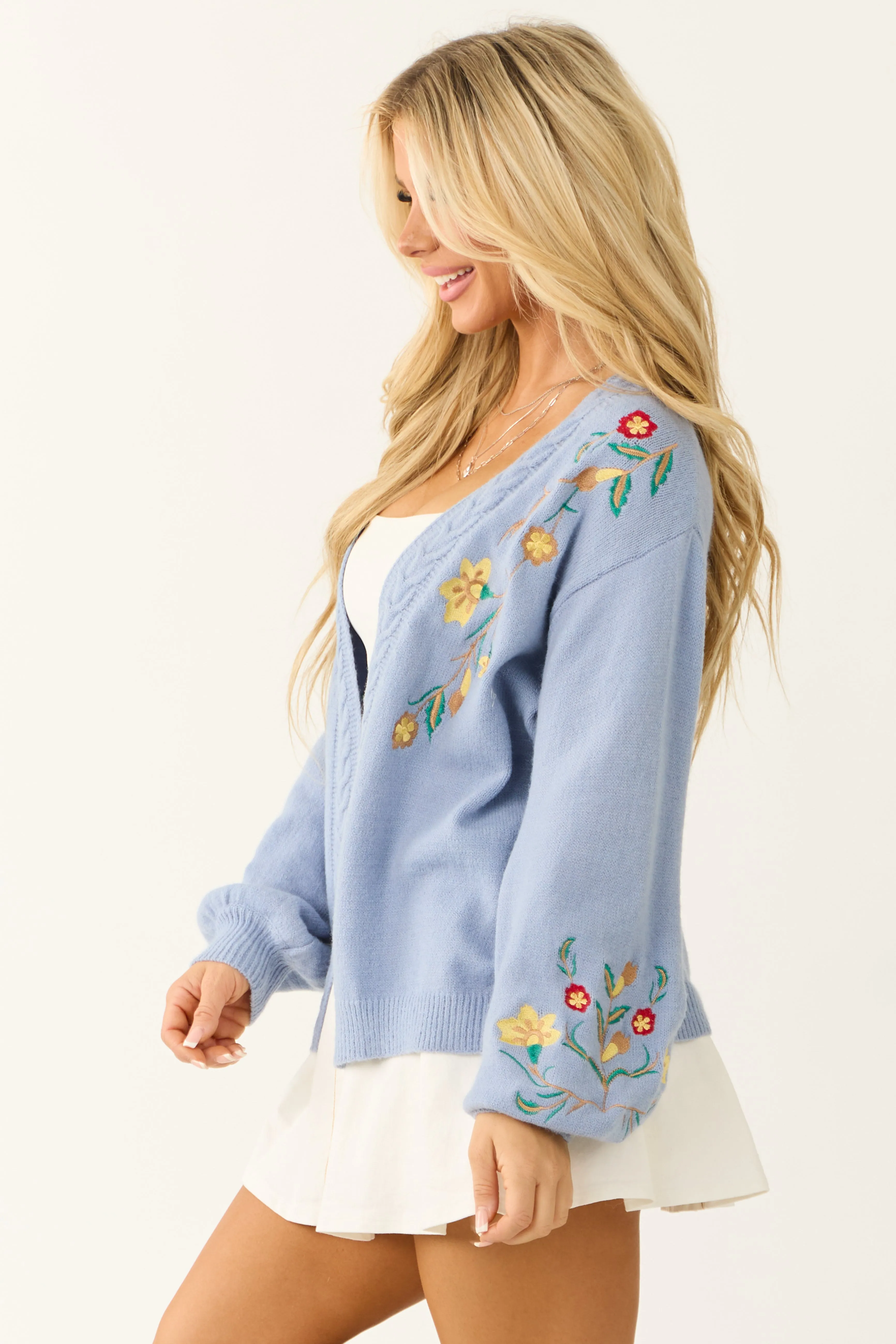 Powder Blue Floral Embroidered Knit Cardigan sold by Lime Lush product image thumbnail 5