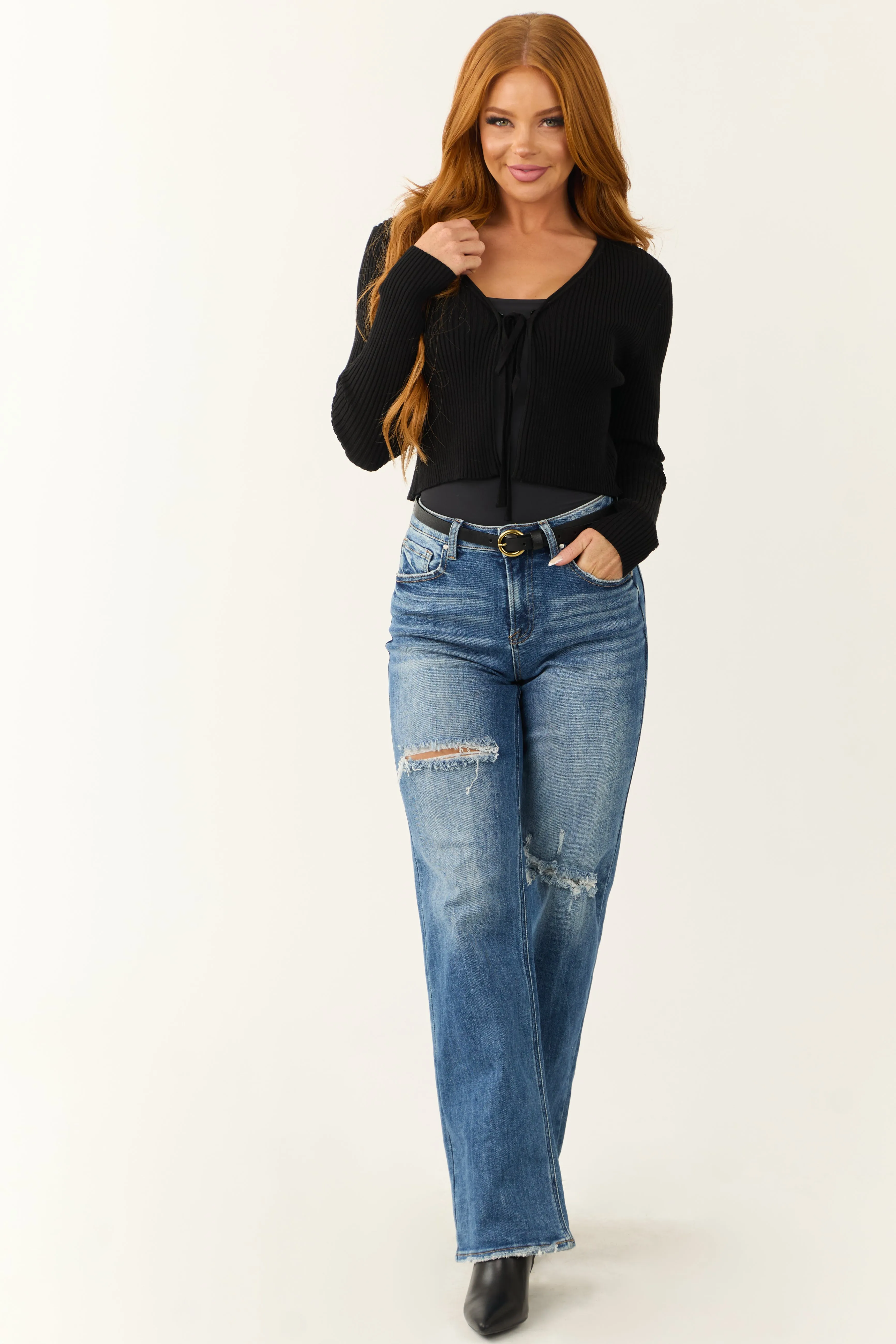 Black Faux Fur Collar Knit Sweater Cardigan sold by Lime Lush product image thumbnail 4