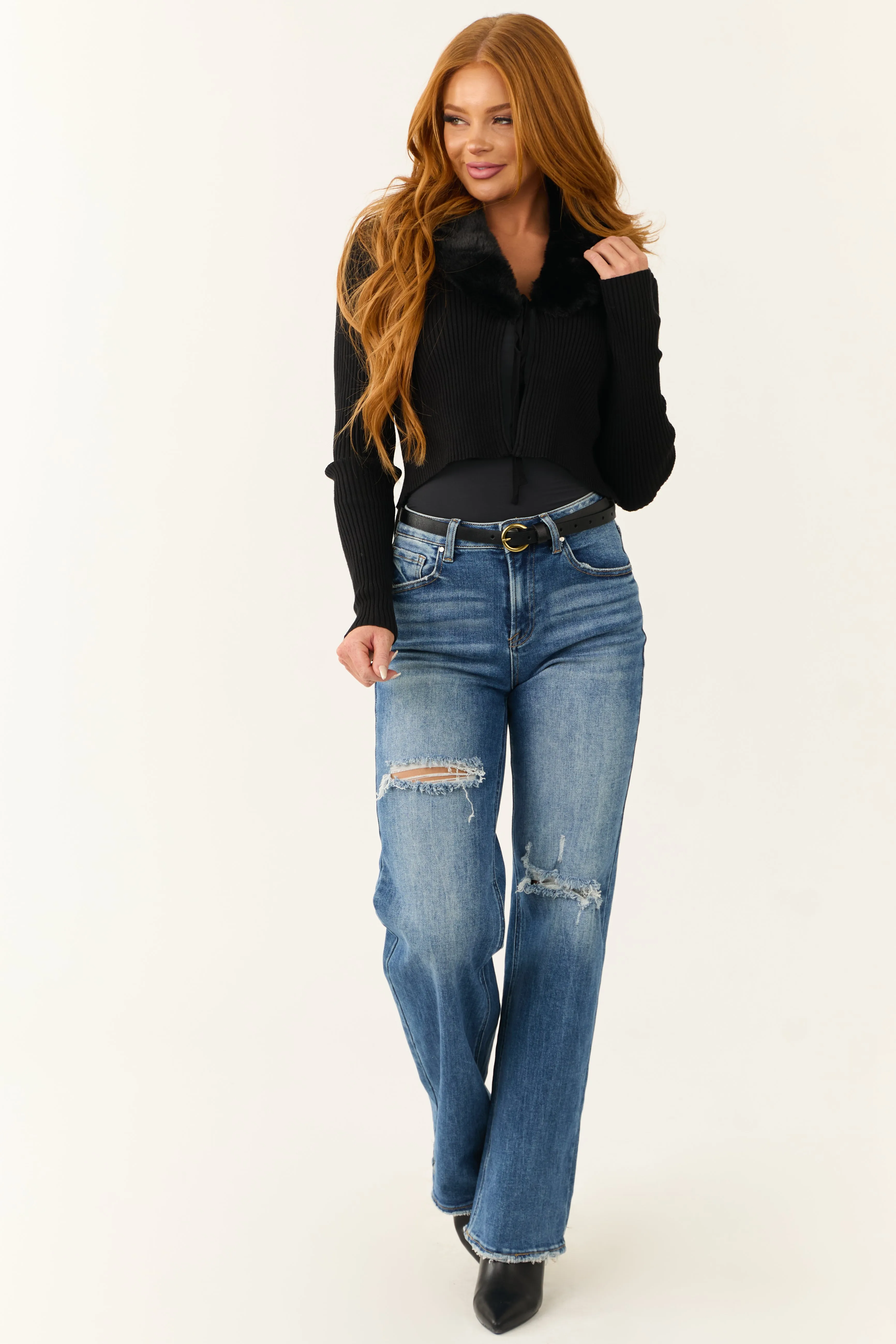 Black Faux Fur Collar Knit Sweater Cardigan sold by Lime Lush product image thumbnail 2