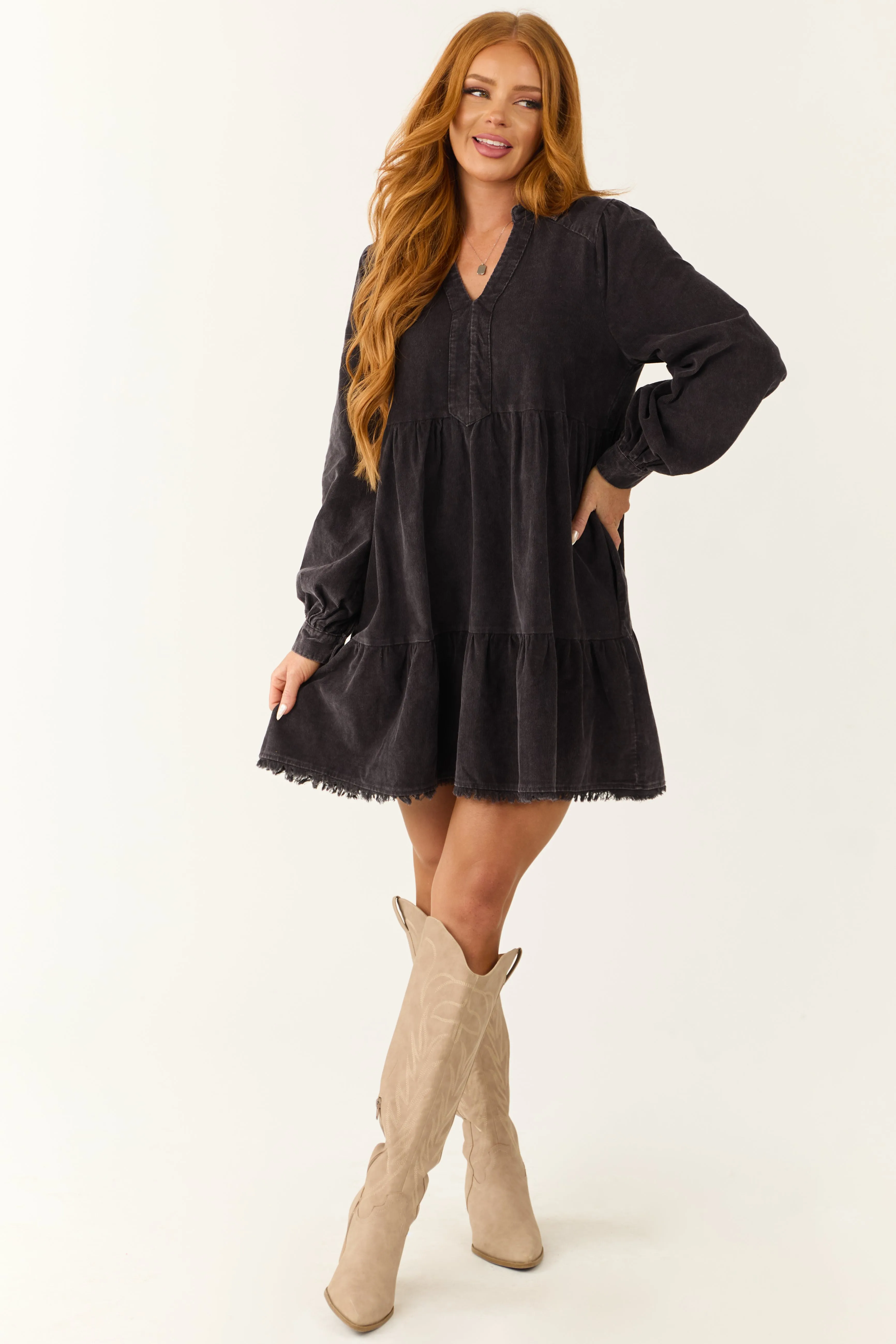 Charcoal Washed Corduroy Tiered Short Dress sold by Lime Lush product image thumbnail 2