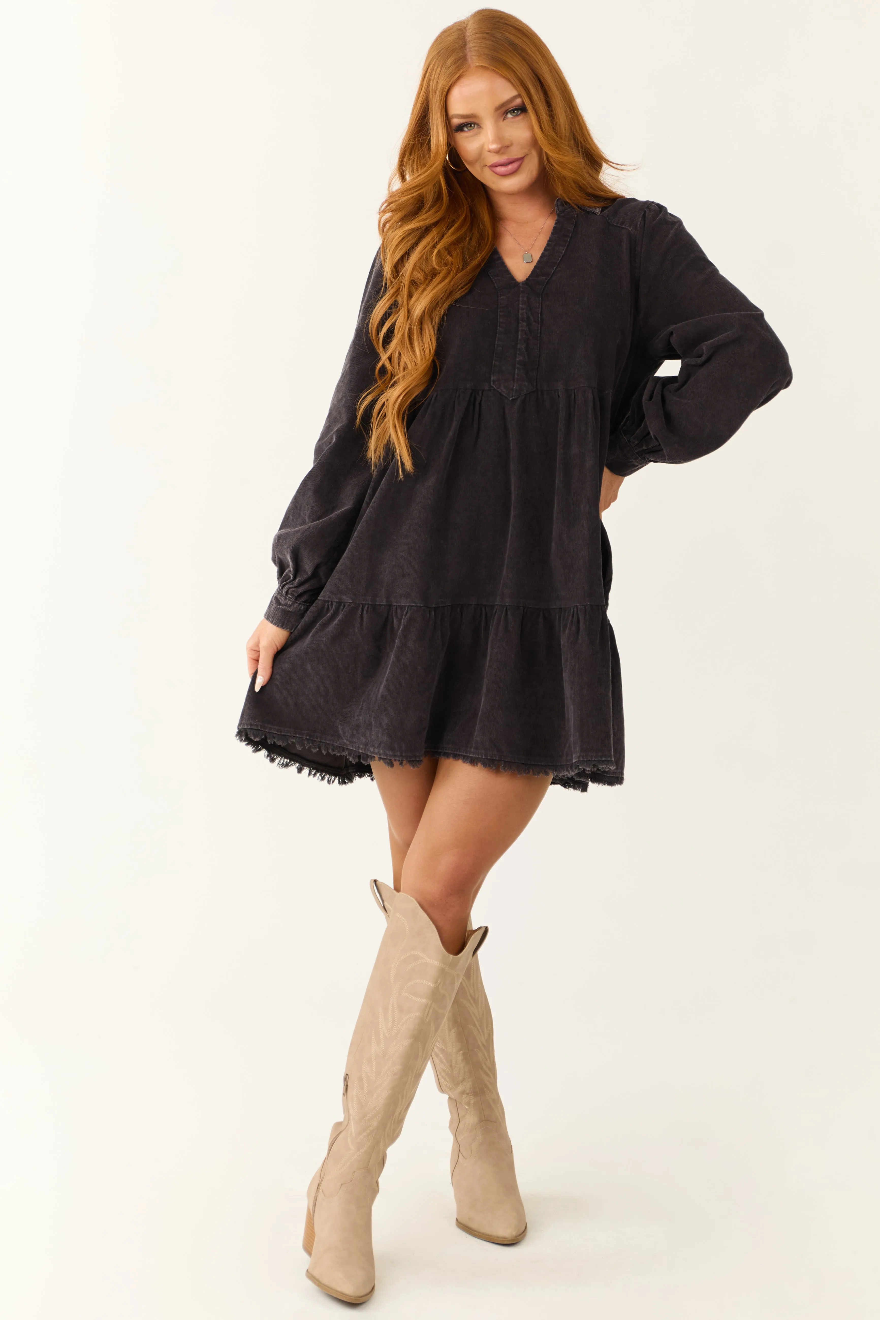 Charcoal Washed Corduroy Tiered Short Dress sold by Lime Lush product image thumbnail 3
