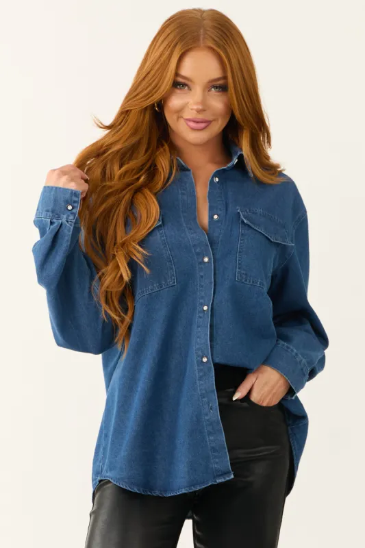 Dark Wash Chambray Button Down Long Sleeve Top sold by Lime Lush