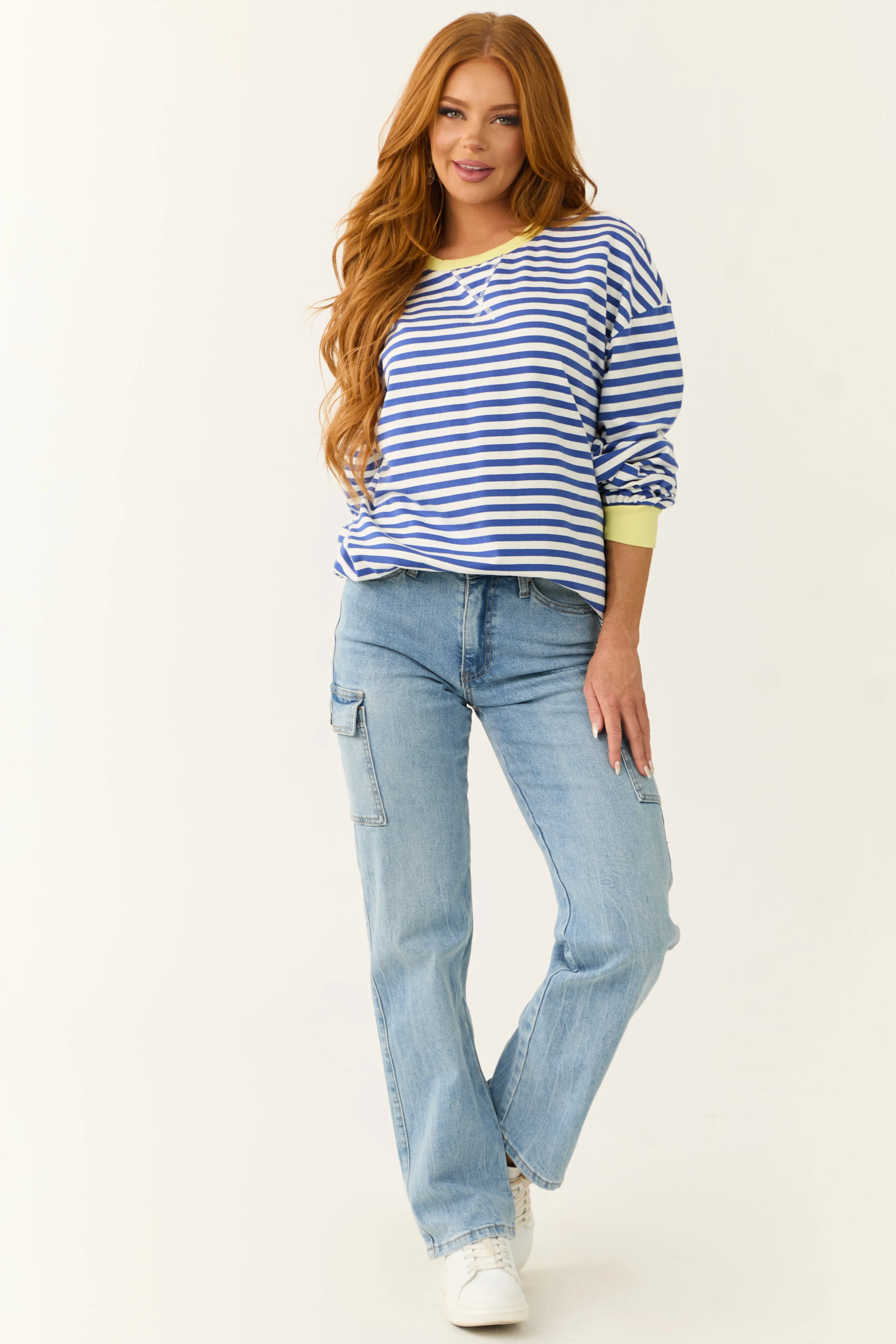 Cobalt and White Striped Contrast Trim Knit Top sold by Lime Lush product image thumbnail 5