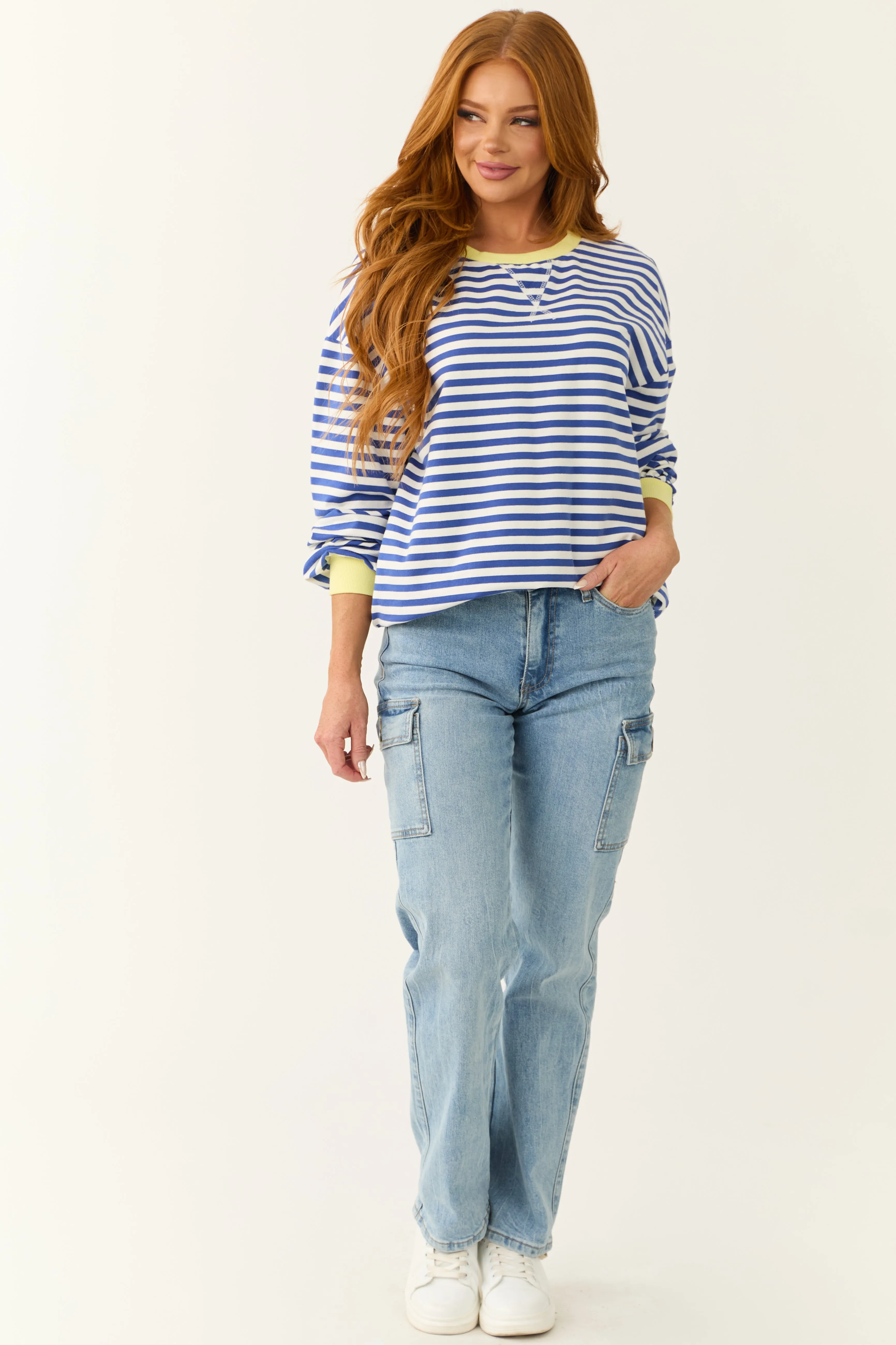 Cobalt and White Striped Contrast Trim Knit Top sold by Lime Lush product image thumbnail 4