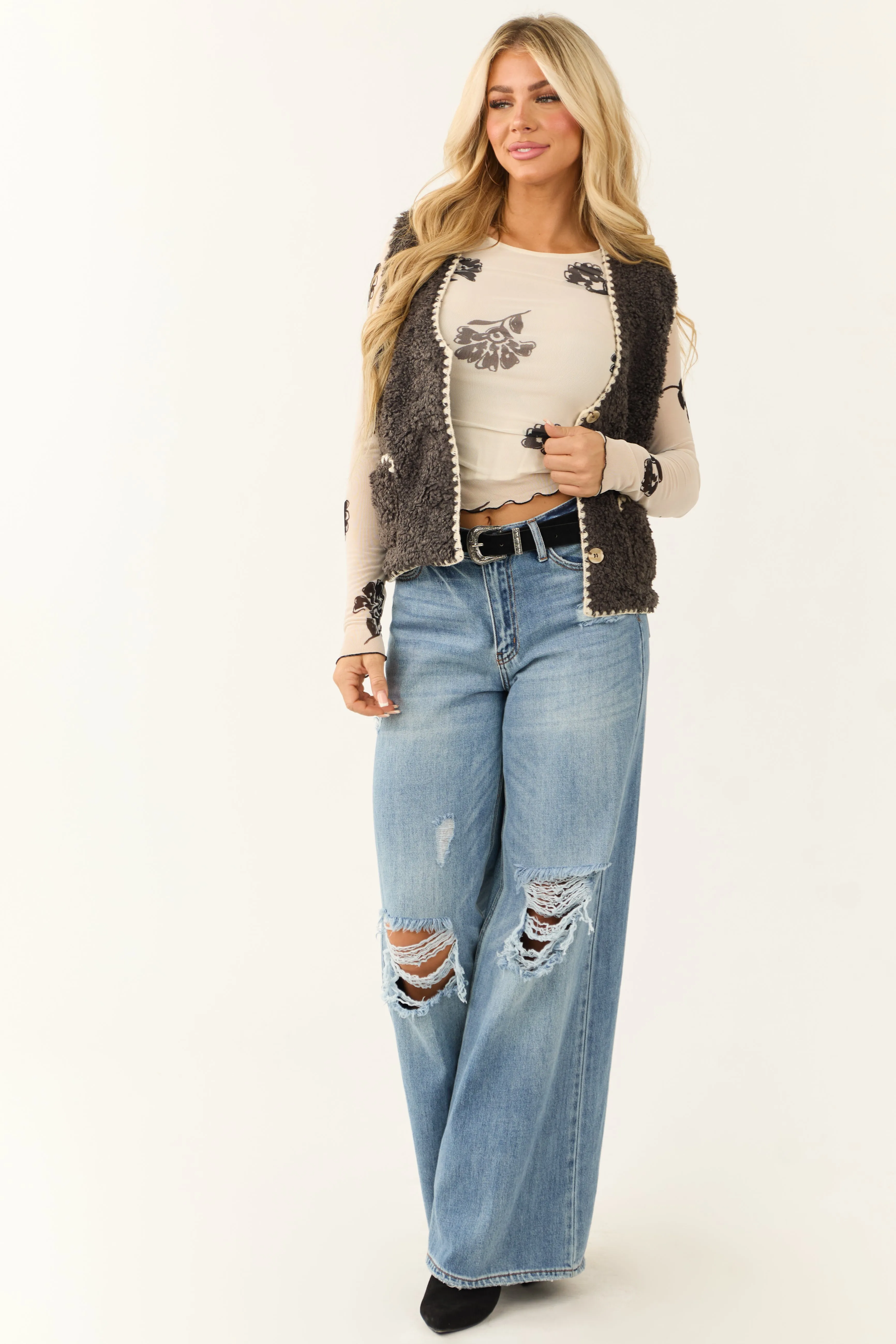 Charcoal Faux Fur Contrast Stitch Trim Vest sold by Lime Lush product image thumbnail 4