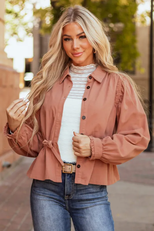 Deep Coral Denim Button Down Long Sleeve Peplum Top sold by Lime Lush