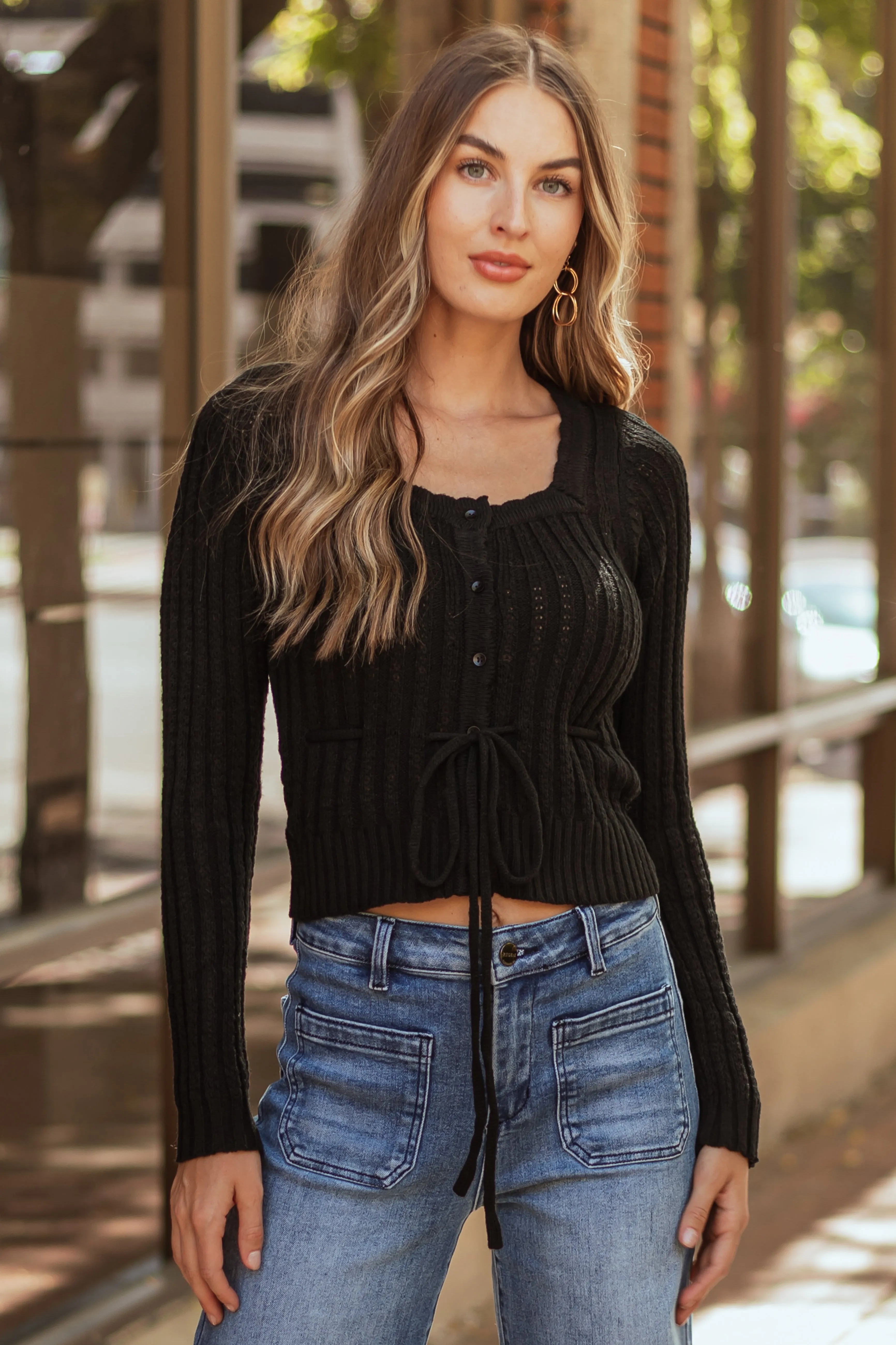 Black Button Down Front Tie Square Neck Cardigan sold by Lime Lush