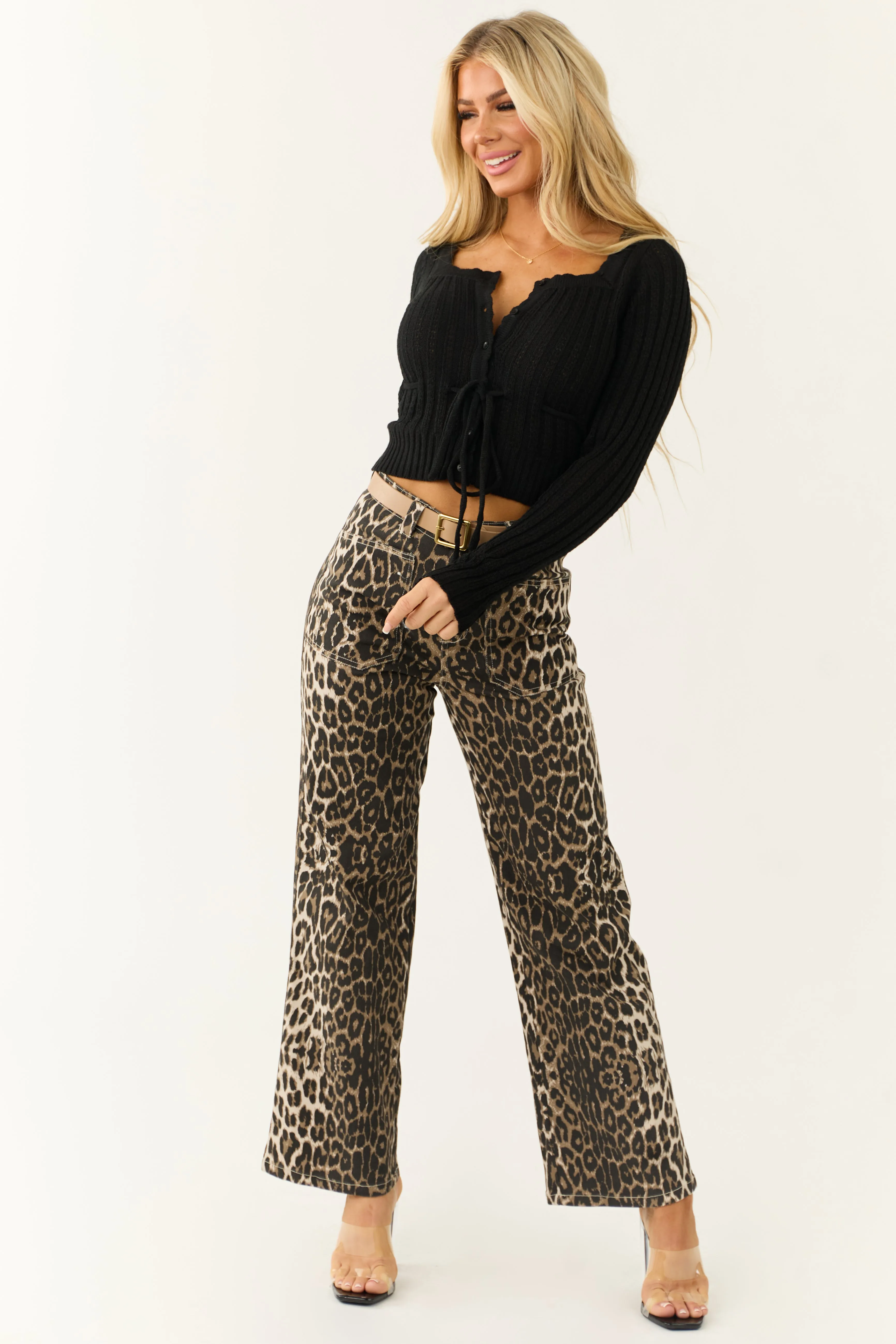 Black Button Down Front Tie Square Neck Cardigan sold by Lime Lush product image thumbnail 4