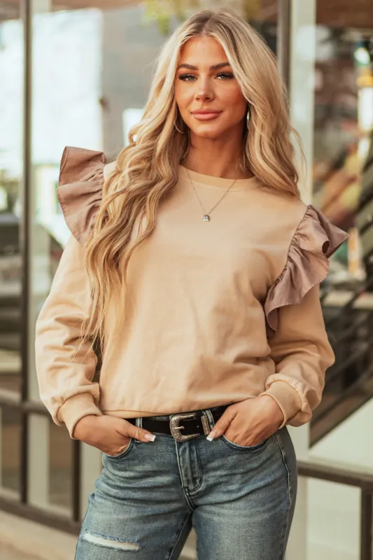 Oatmeal Ruffle Shoulder Detail Long Sleeve Top sold by Lime Lush