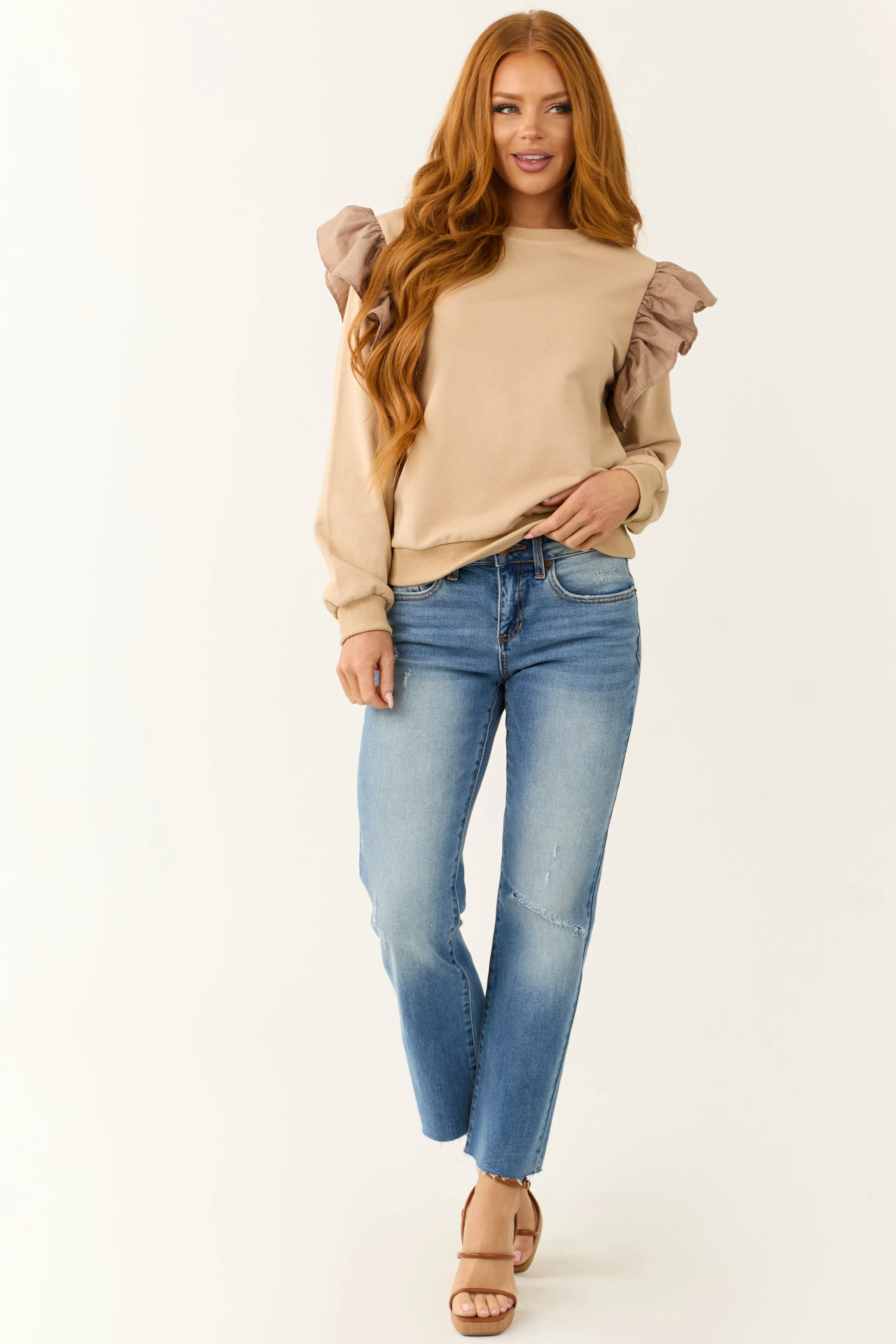 Oatmeal Ruffle Shoulder Detail Long Sleeve Top sold by Lime Lush product image thumbnail 4