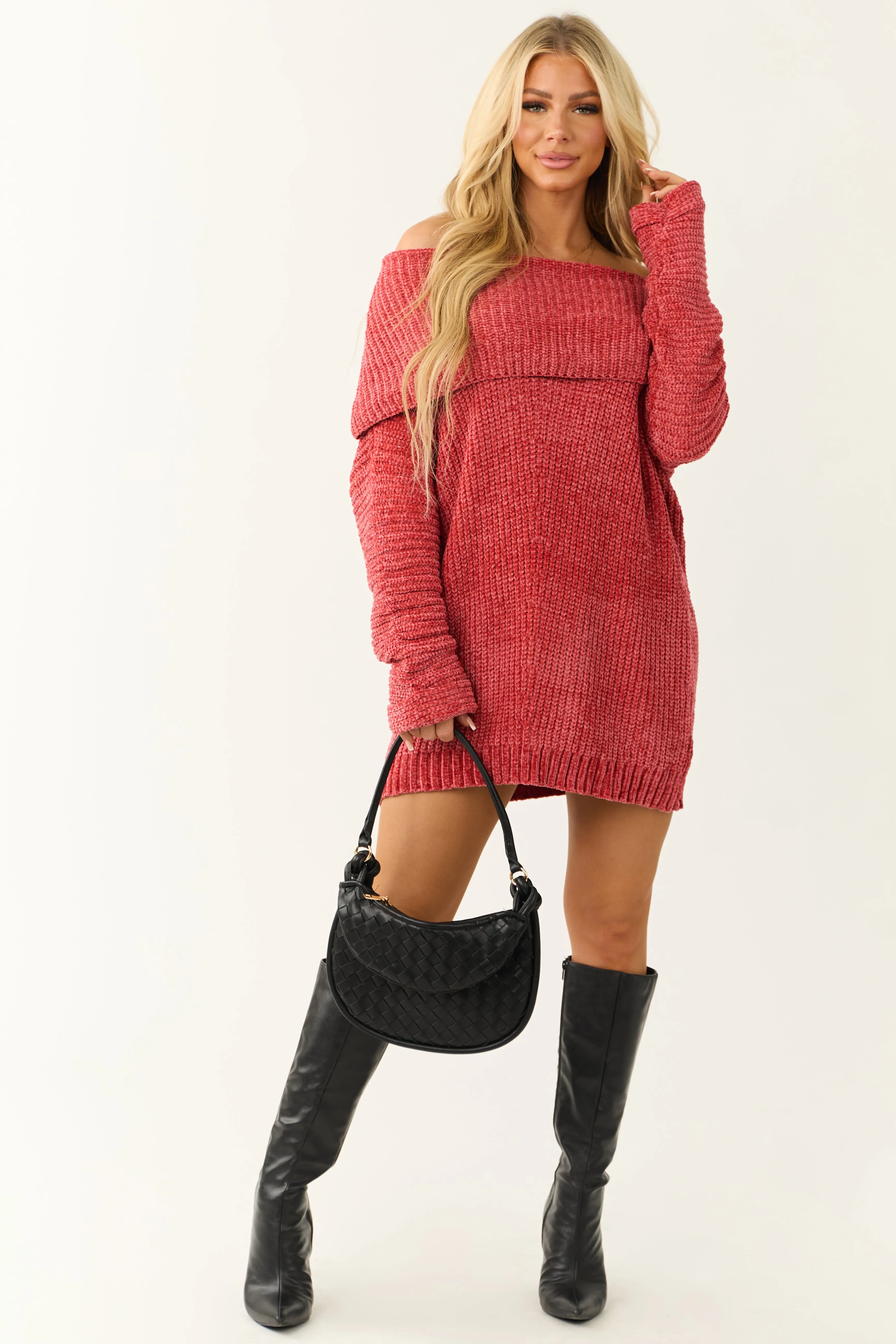 Brick Off Shoulder Chenille Tunic Sweater Dress sold by Lime Lush product image thumbnail 2