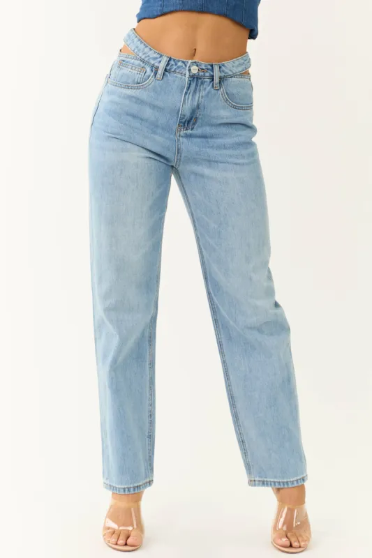 Ceros Light Wash High Rise Cut Out Waist Denim Jeans sold by Lime Lush